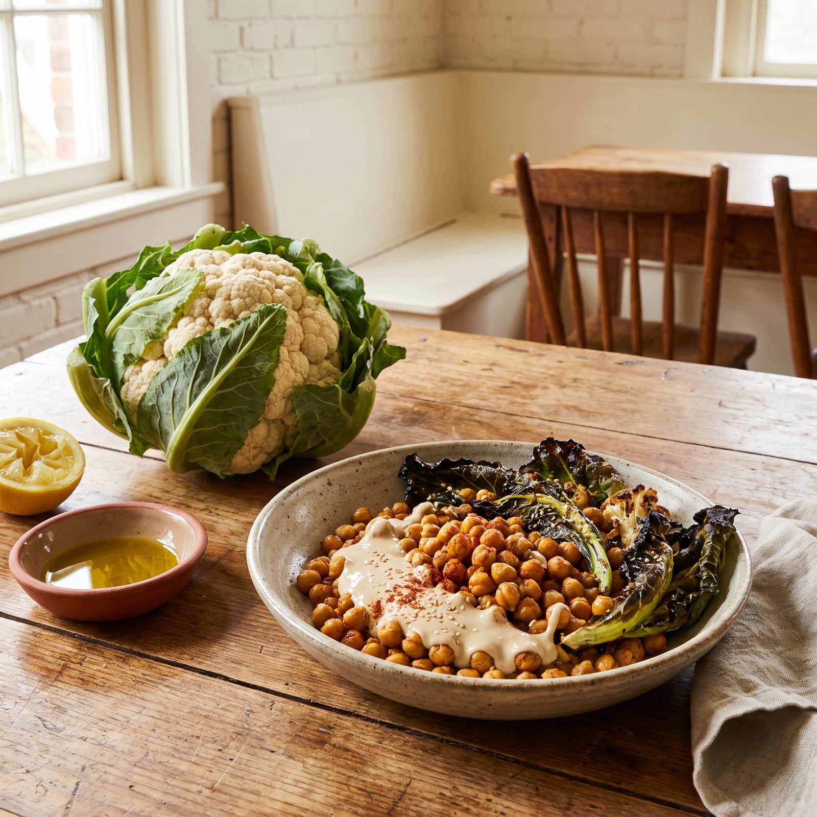 Cauliflower Leaves and Chickpeas With Tahini