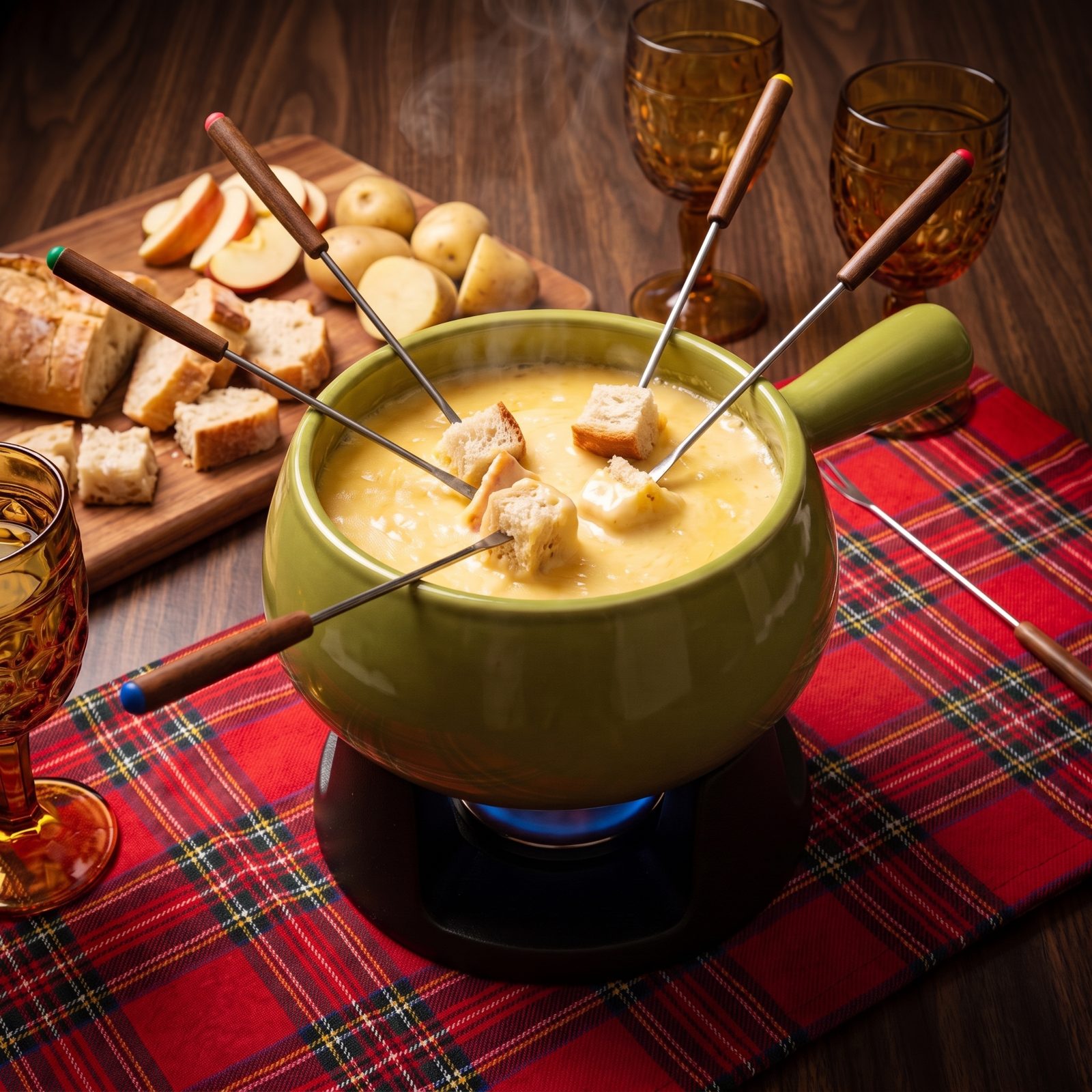 Cheese Fondue With Bread Cubes on Long Forks