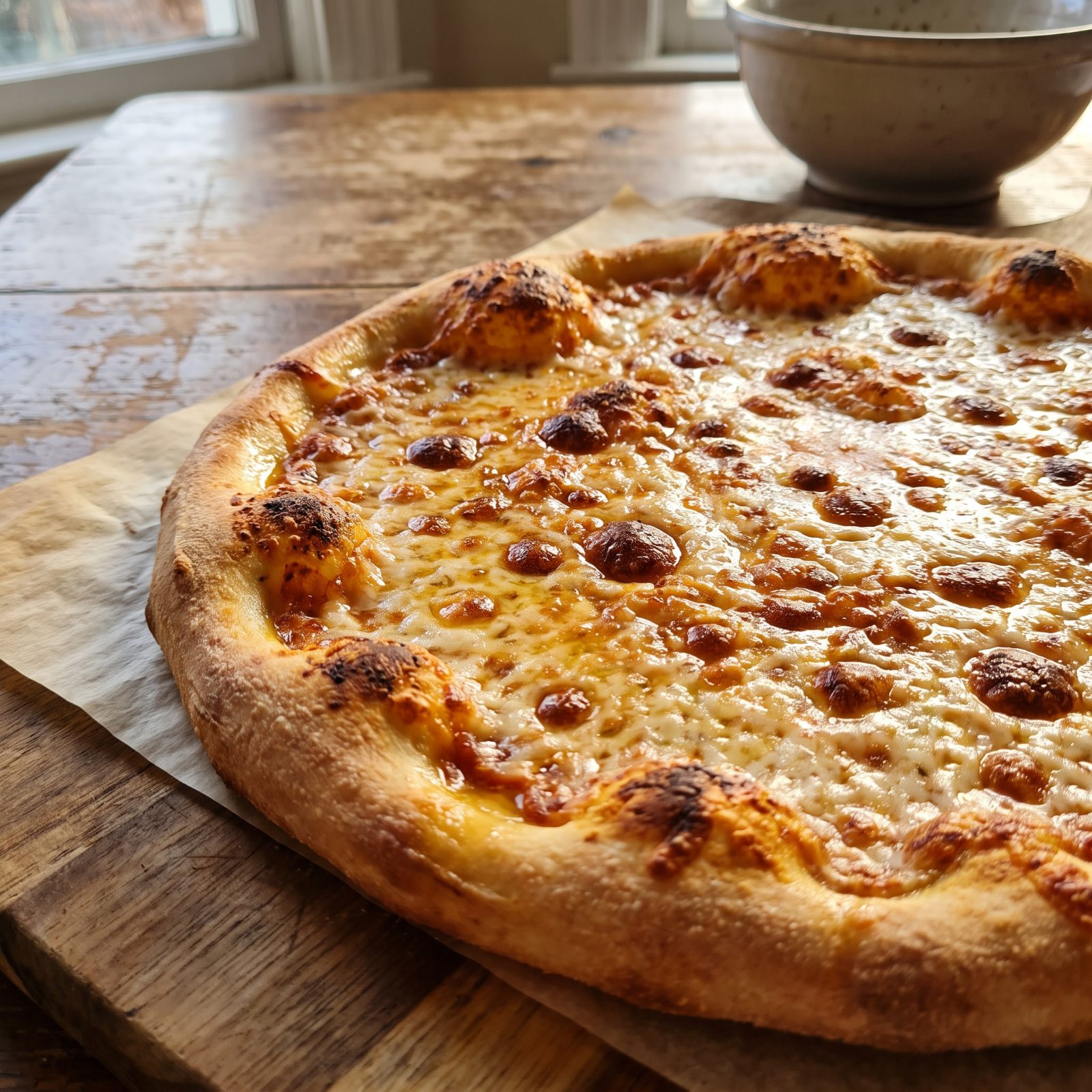 Cheese Pizza Baked Until the Mozzarella Blisters