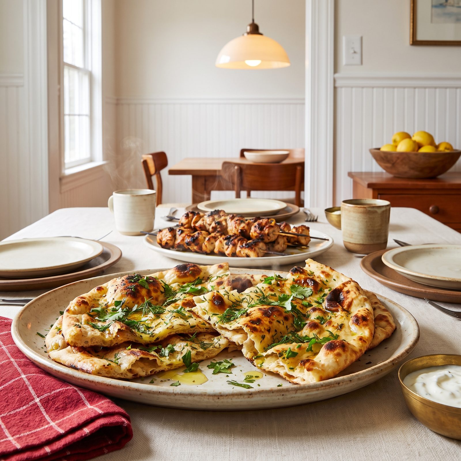 Chicken Kebabs Upstaged by Crispy Herb Flatbread