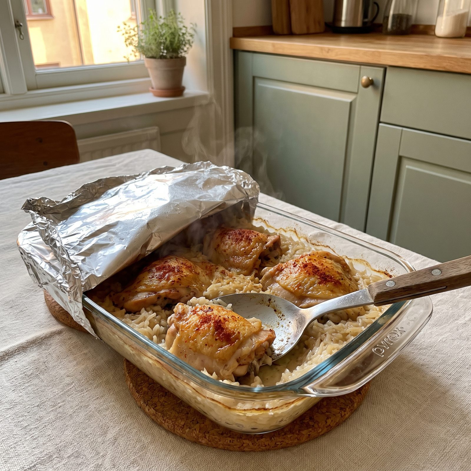 Chicken and Rice Baked Under Foil Until the Whole House Smelled of It