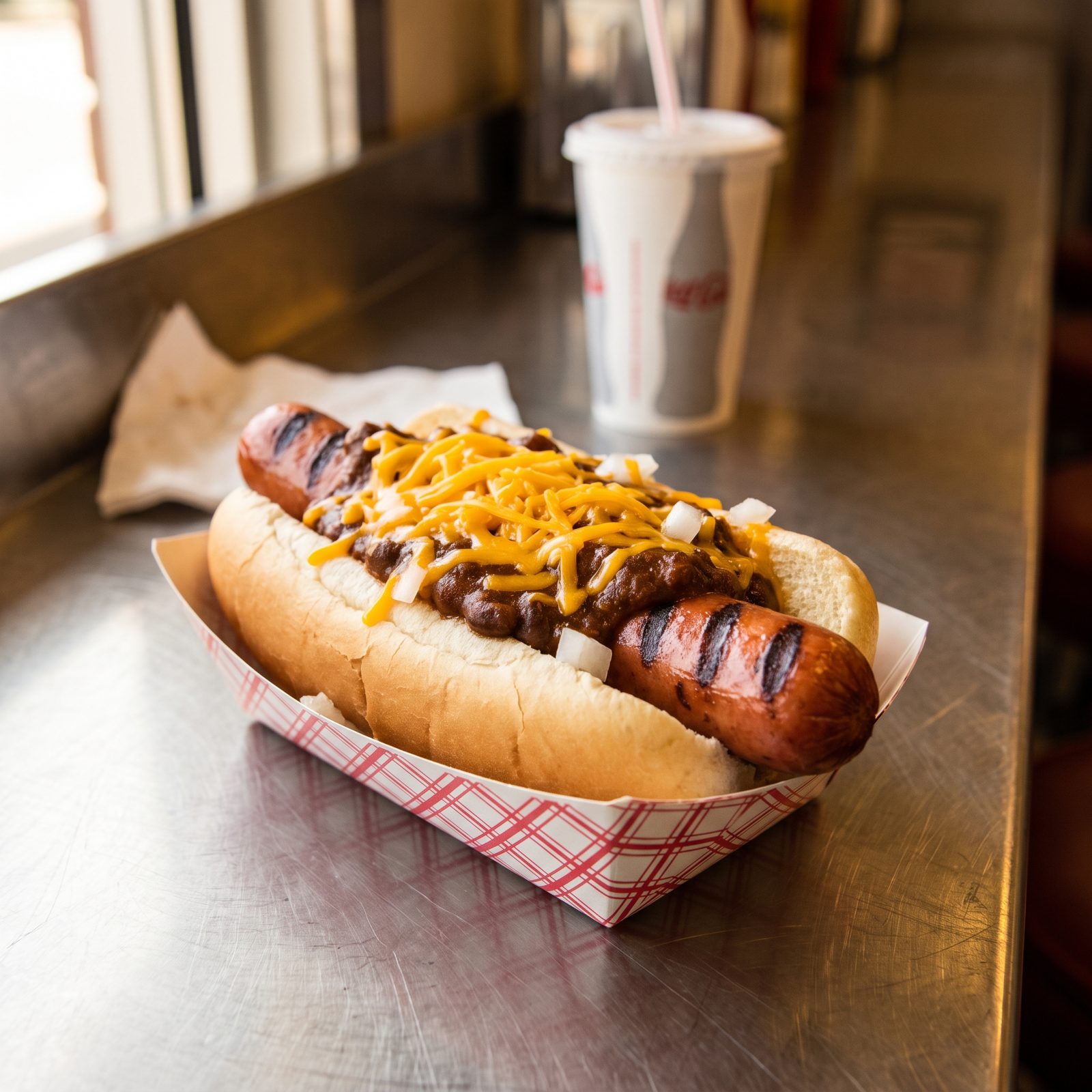 Chili-Cheese Hot Dog From a Counter Grill
