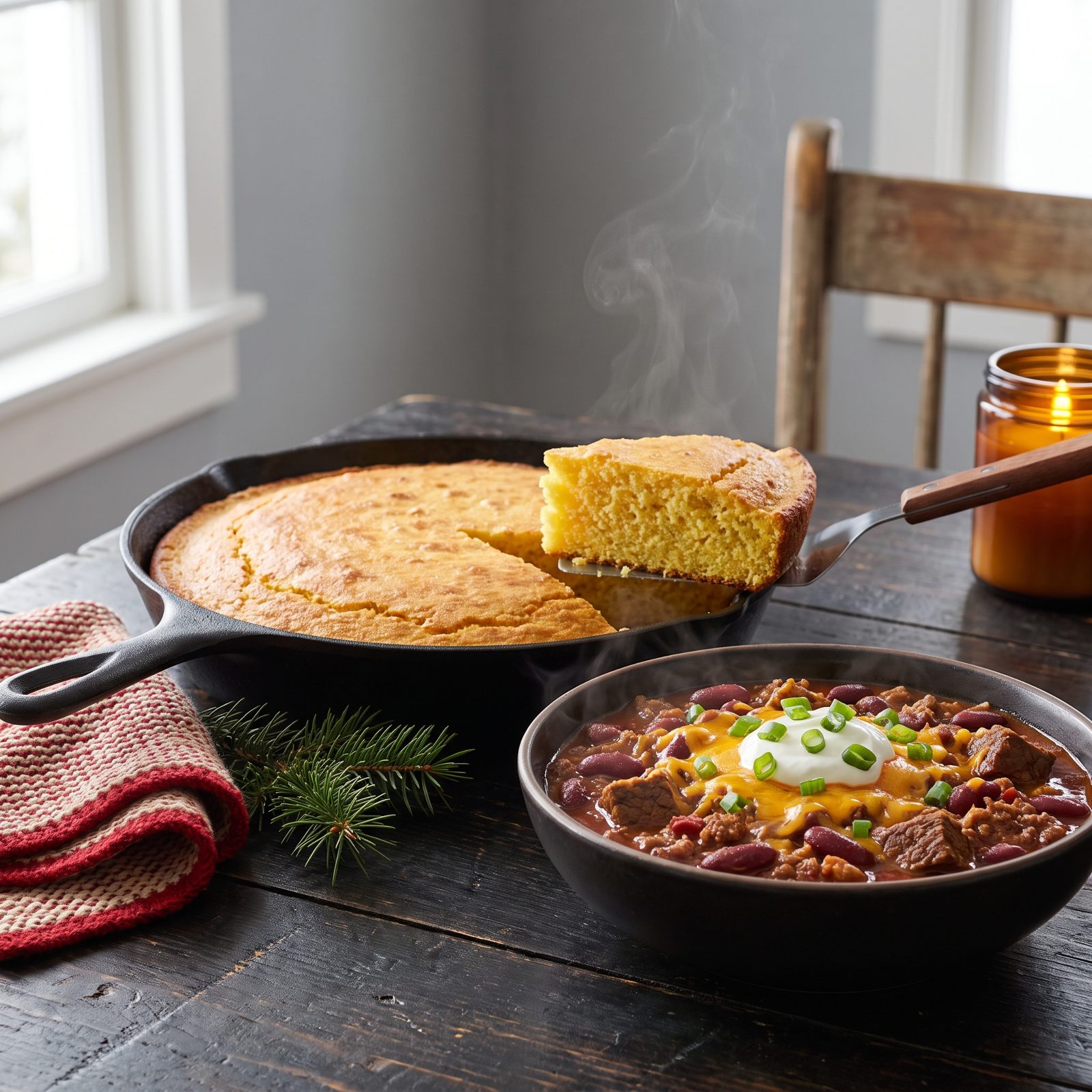 Chili Served With Skillet Cornbread