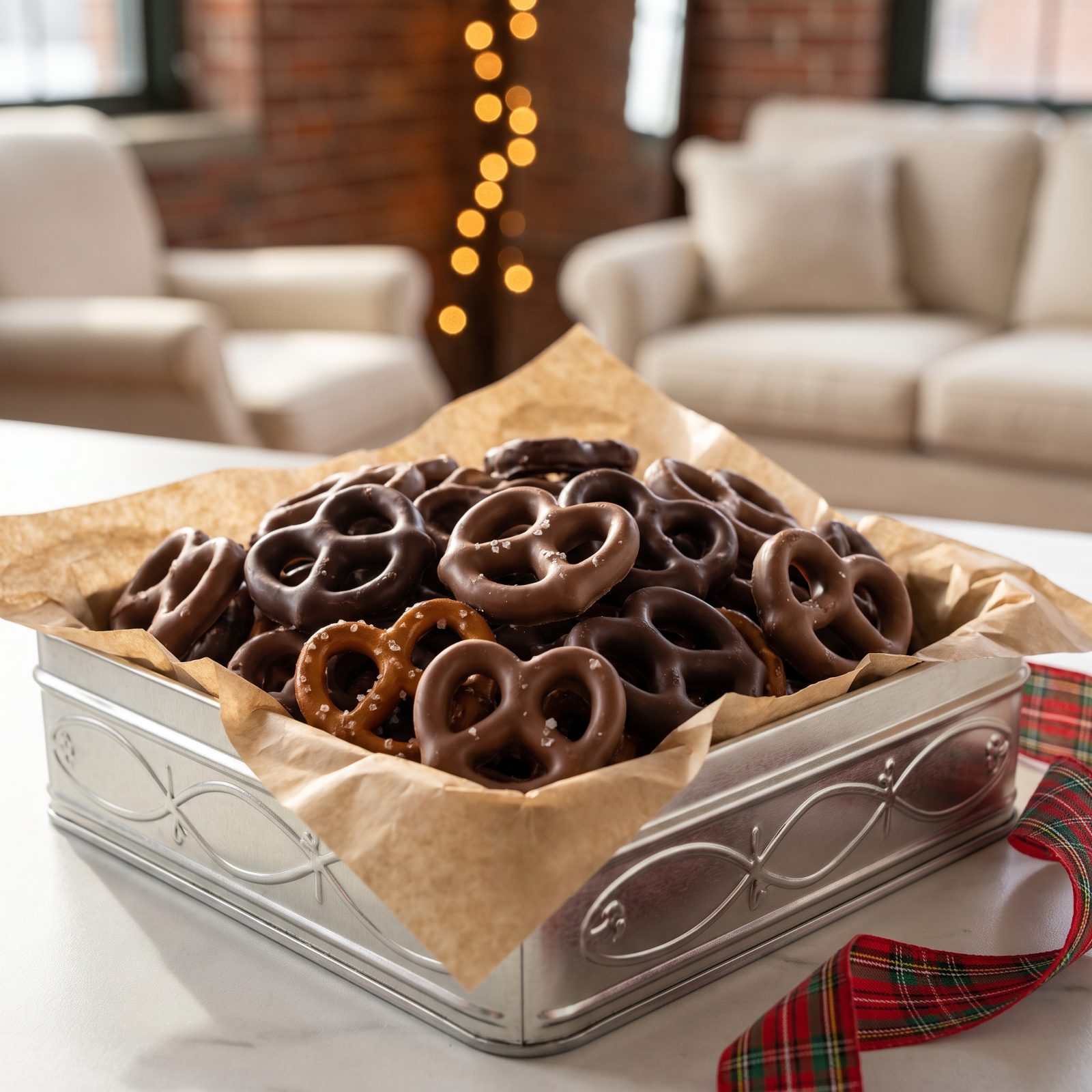Chocolate-Covered Pretzels From a Gift Tin