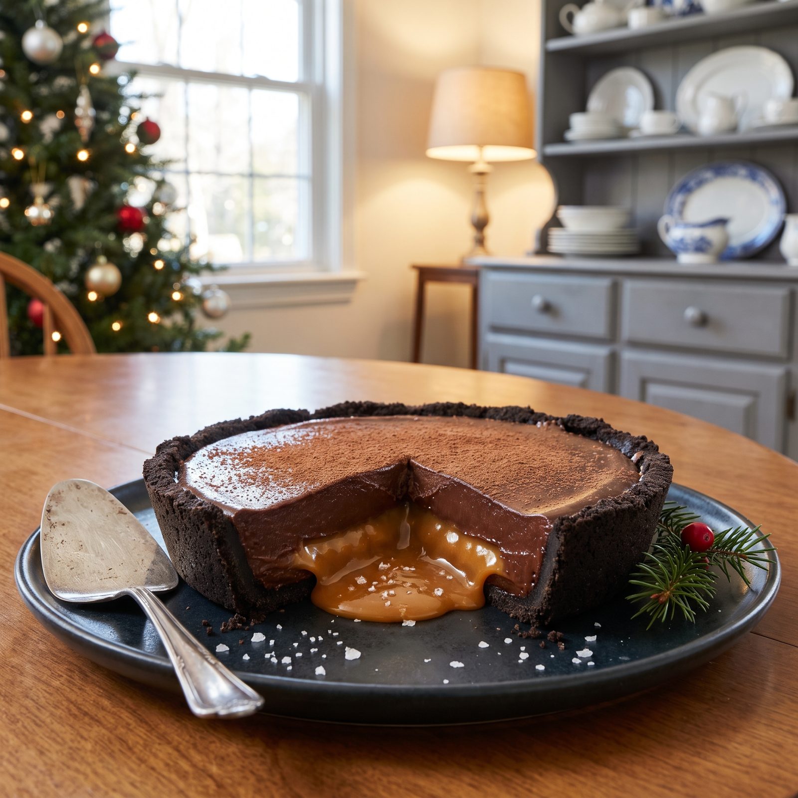 Chocolate Pudding Pie With a Salted Caramel Core That Spills