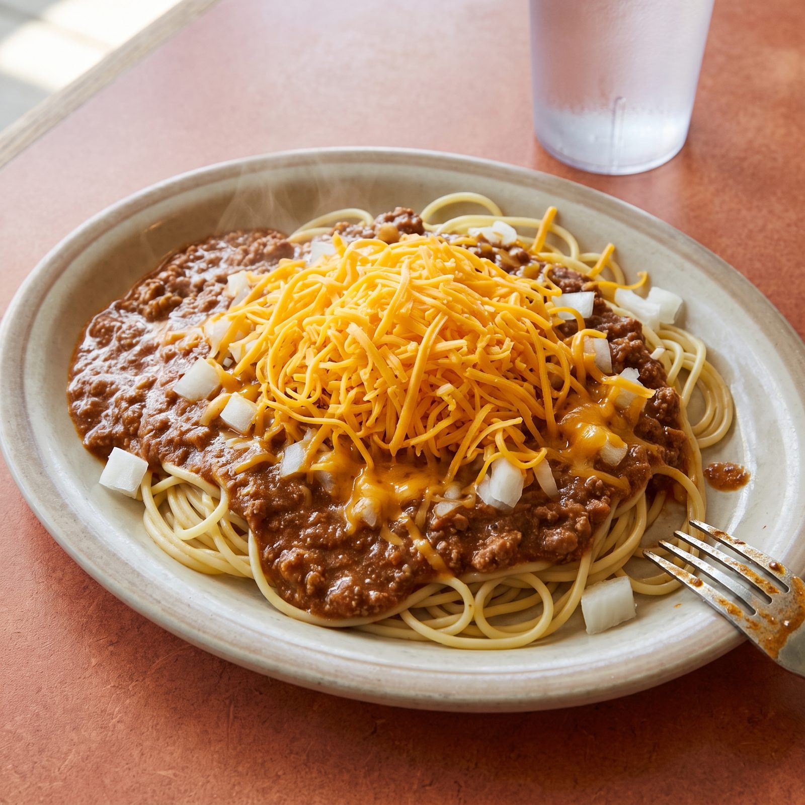 Cincinnati Chili Piled Over Spaghetti