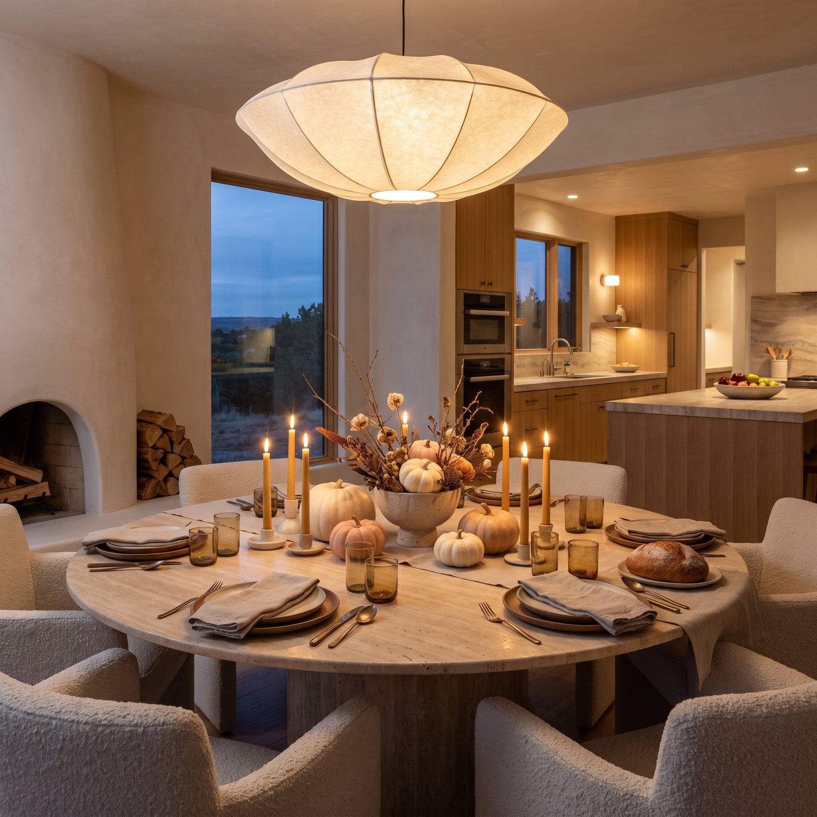 Clay Plates, Linen and Ghost Pumpkins in a Modern Organic Great Room