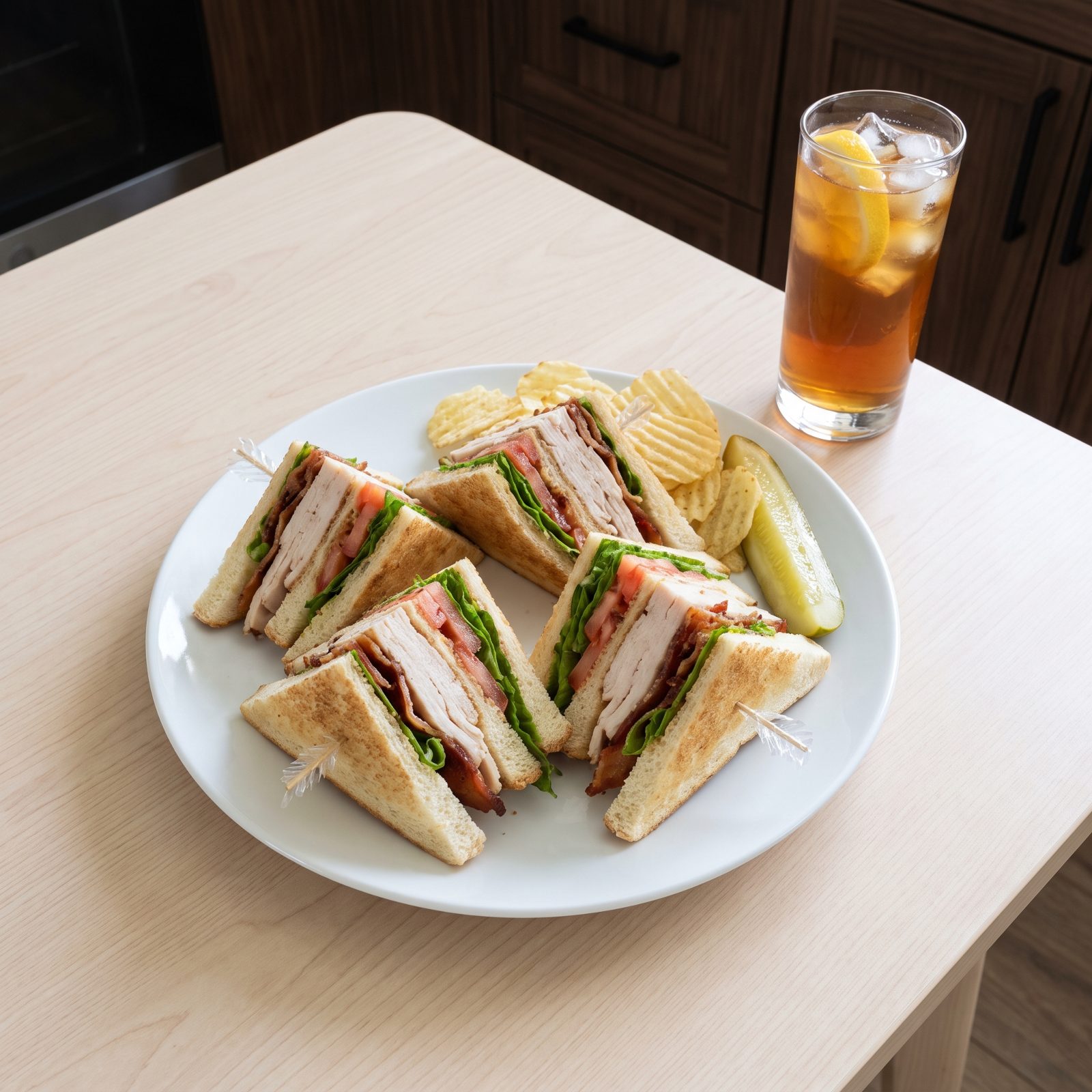 Triple-decker club sandwich cut into four triangles with frilled picks, with chips and a pickle on a white plate.
