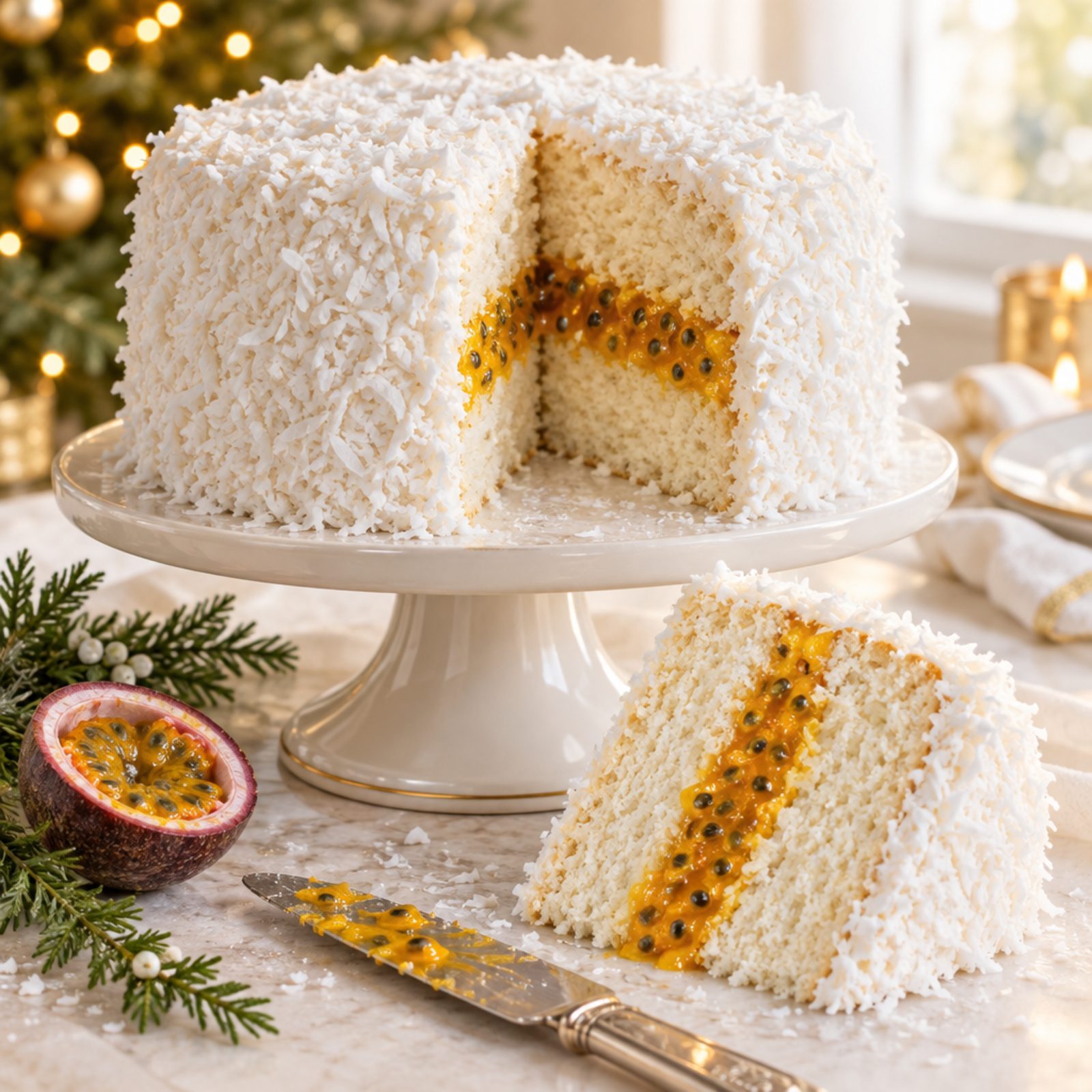 Coconut Cake With a Passion Fruit Curd Core