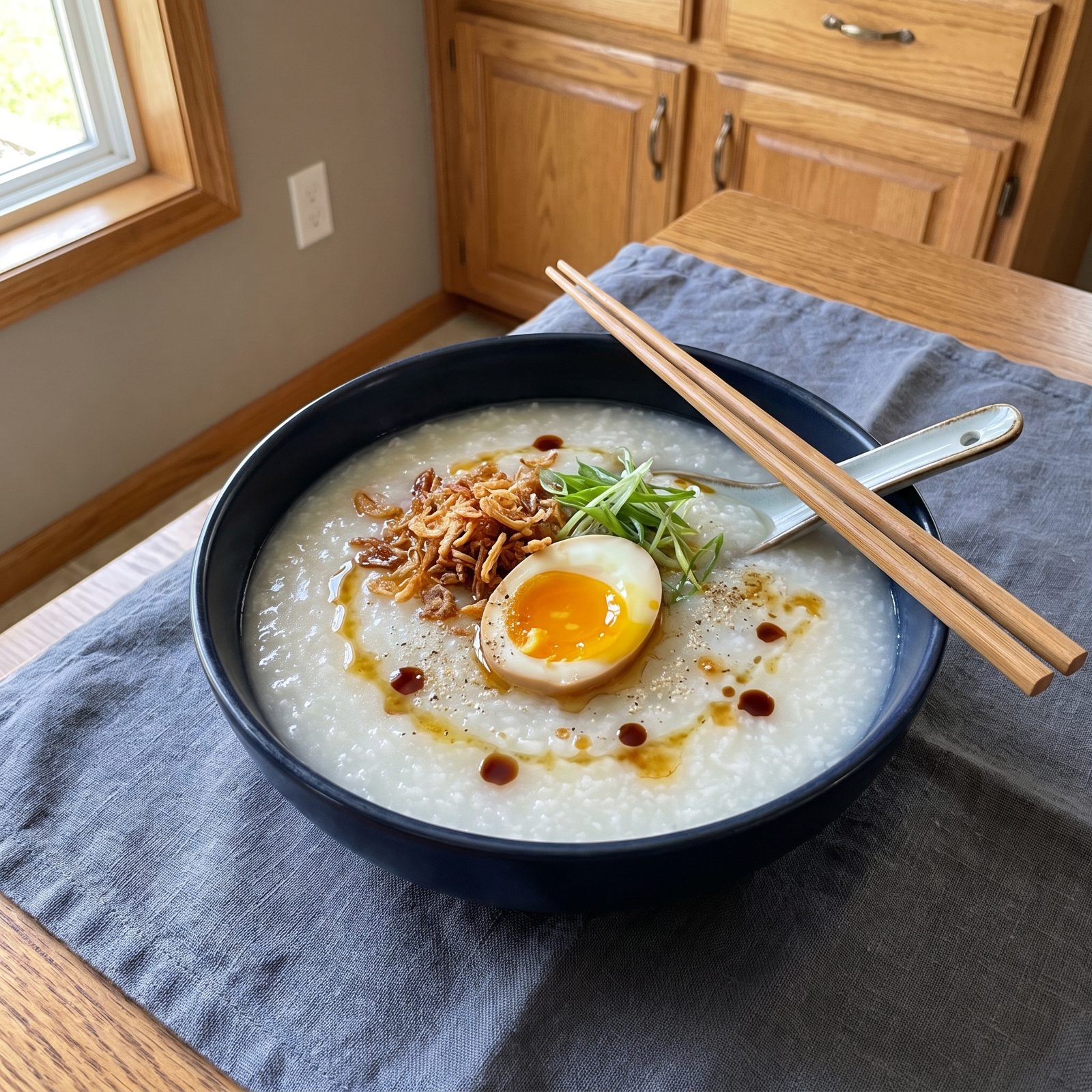 Congee With Crispy Shallots and Jammy Egg