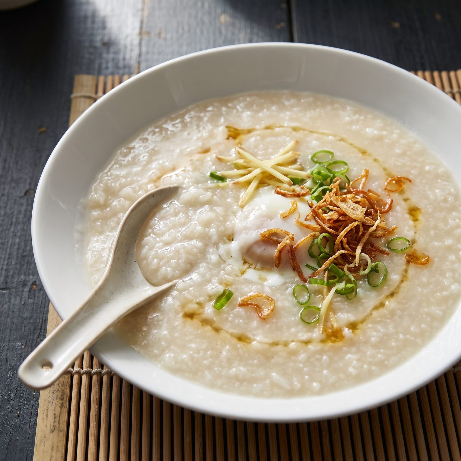 Congee With Ginger, Egg and Crisp Shallots
