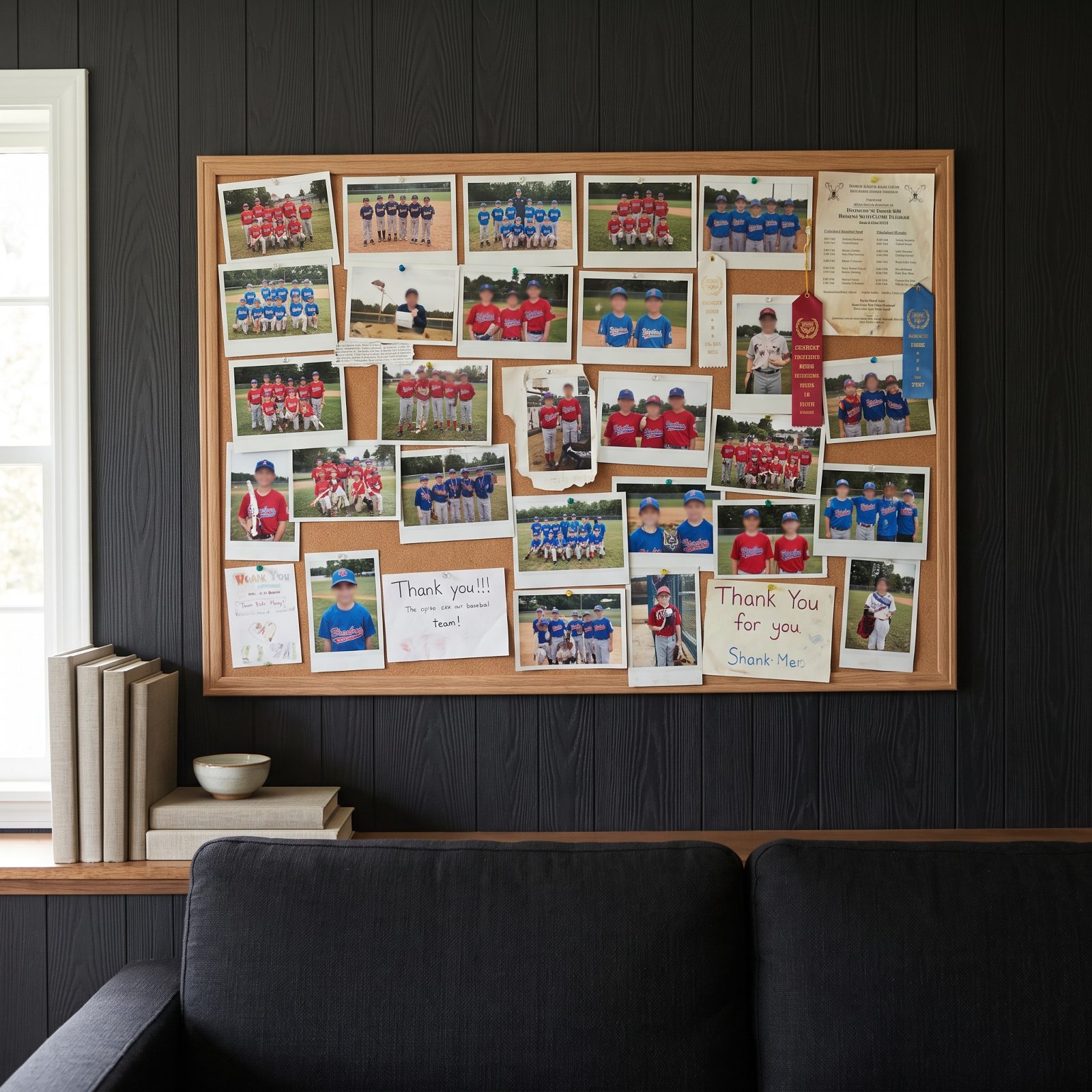The Corkboard Full of Little League Team Photos