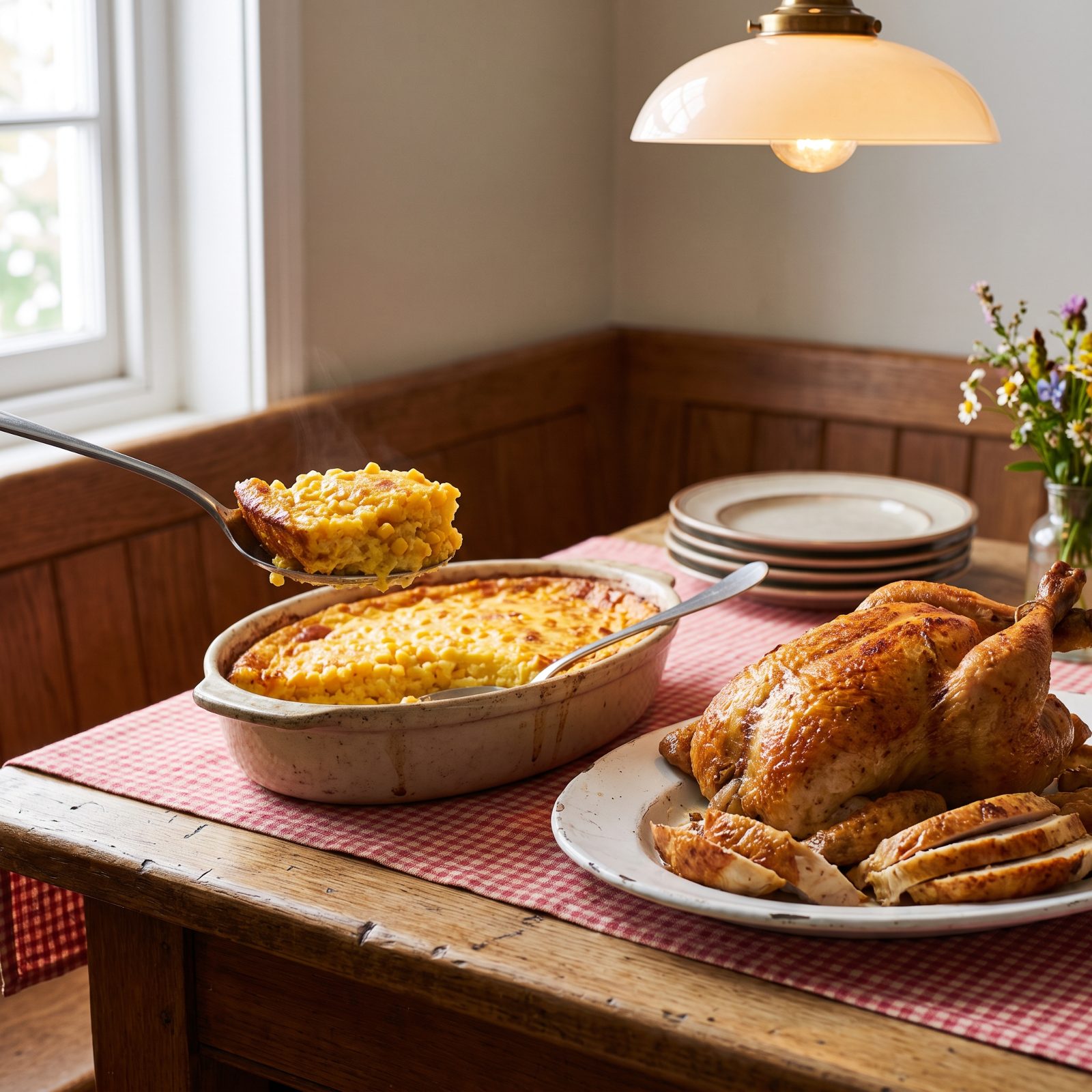 Corn Pudding Beside Roast Chicken