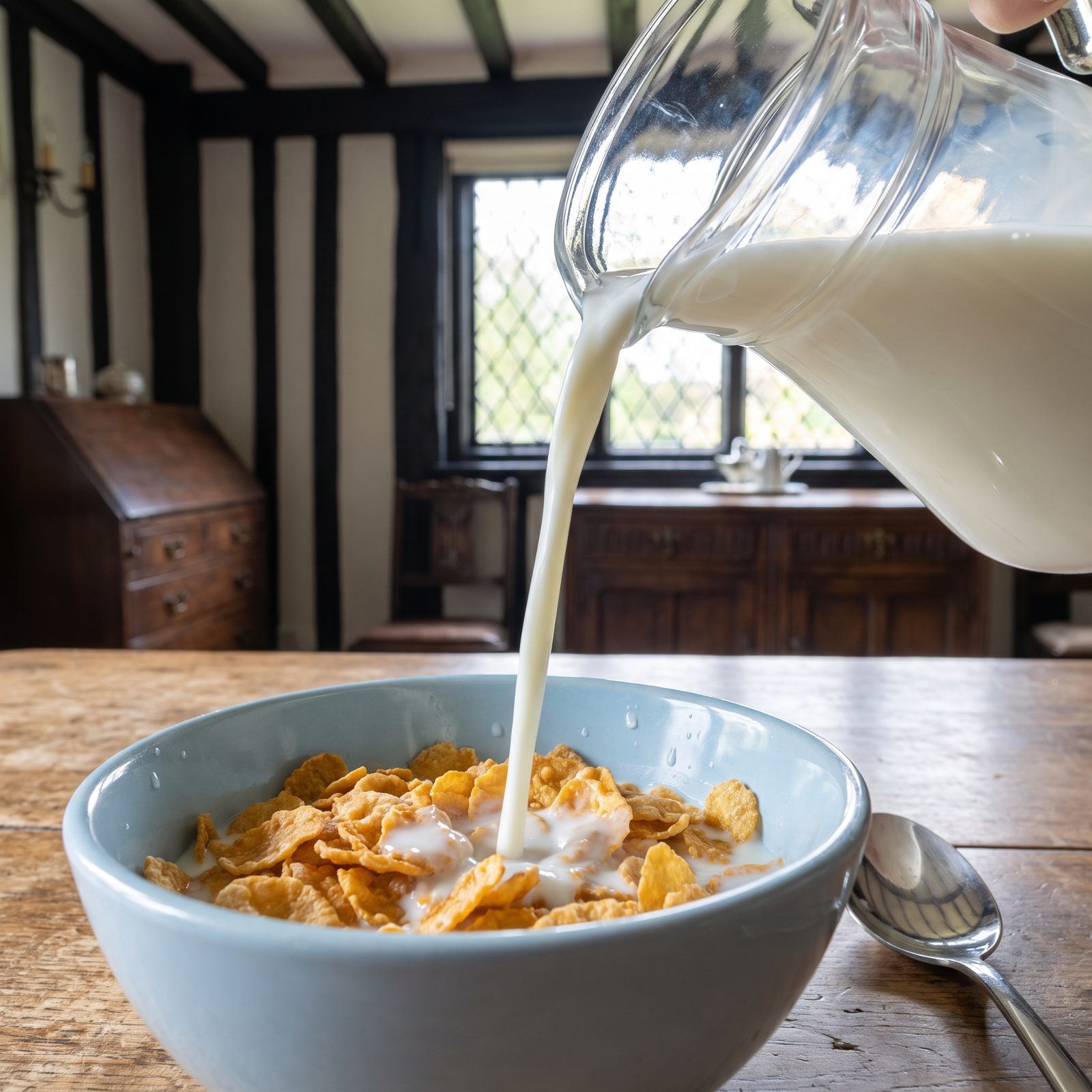 Cornflakes With Milk Poured Straight From the Cold Jug