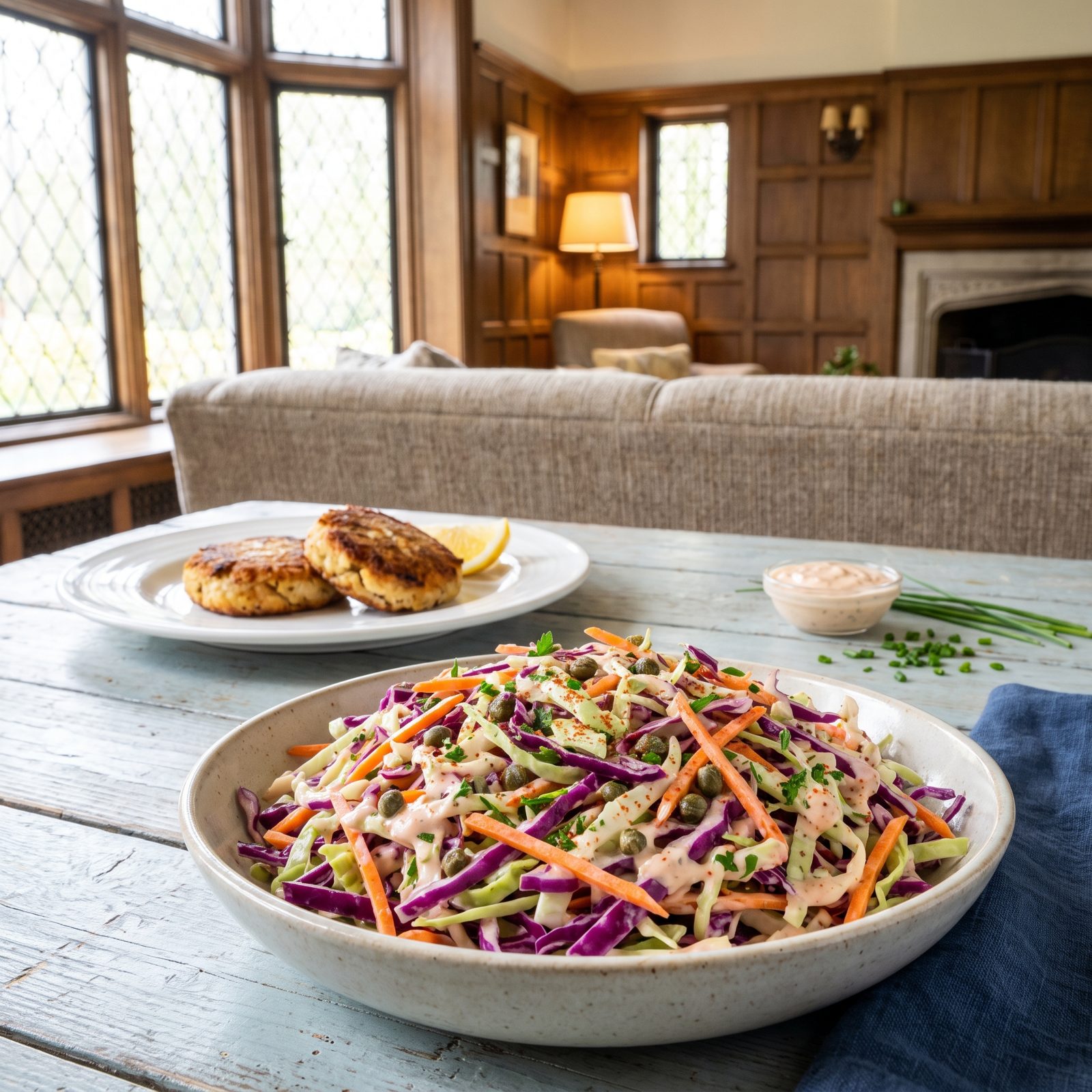 Crab Cakes Upstaged by Remoulade Slaw