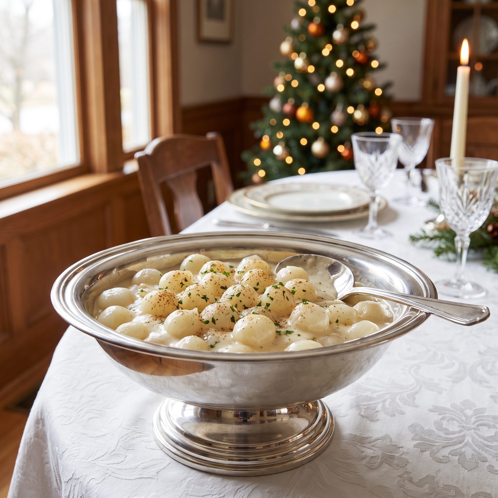 Creamed Pearl Onions in a Silver Serving Bowl