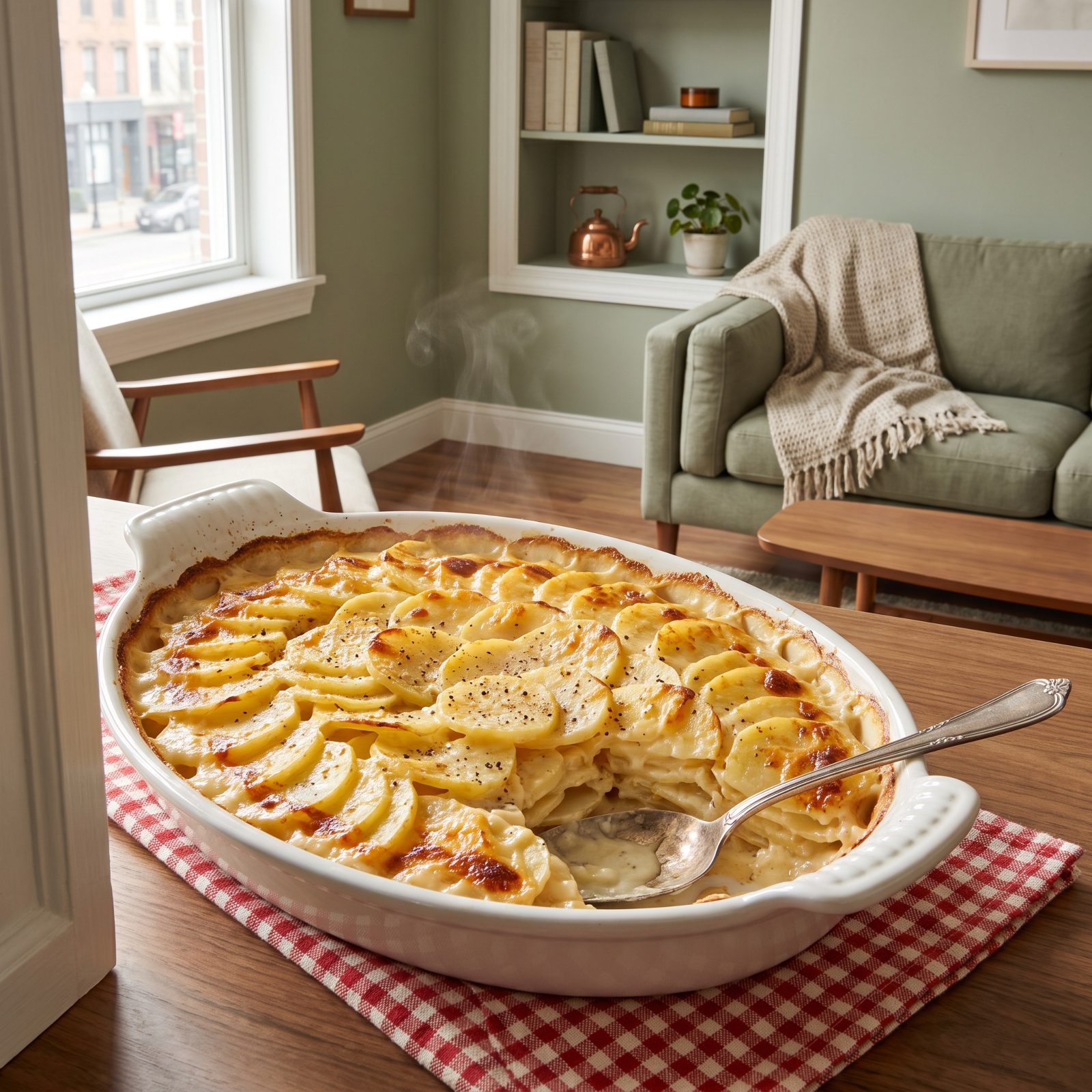 Creamy Scalloped Potatoes Layered Thin and Bubbling Gold