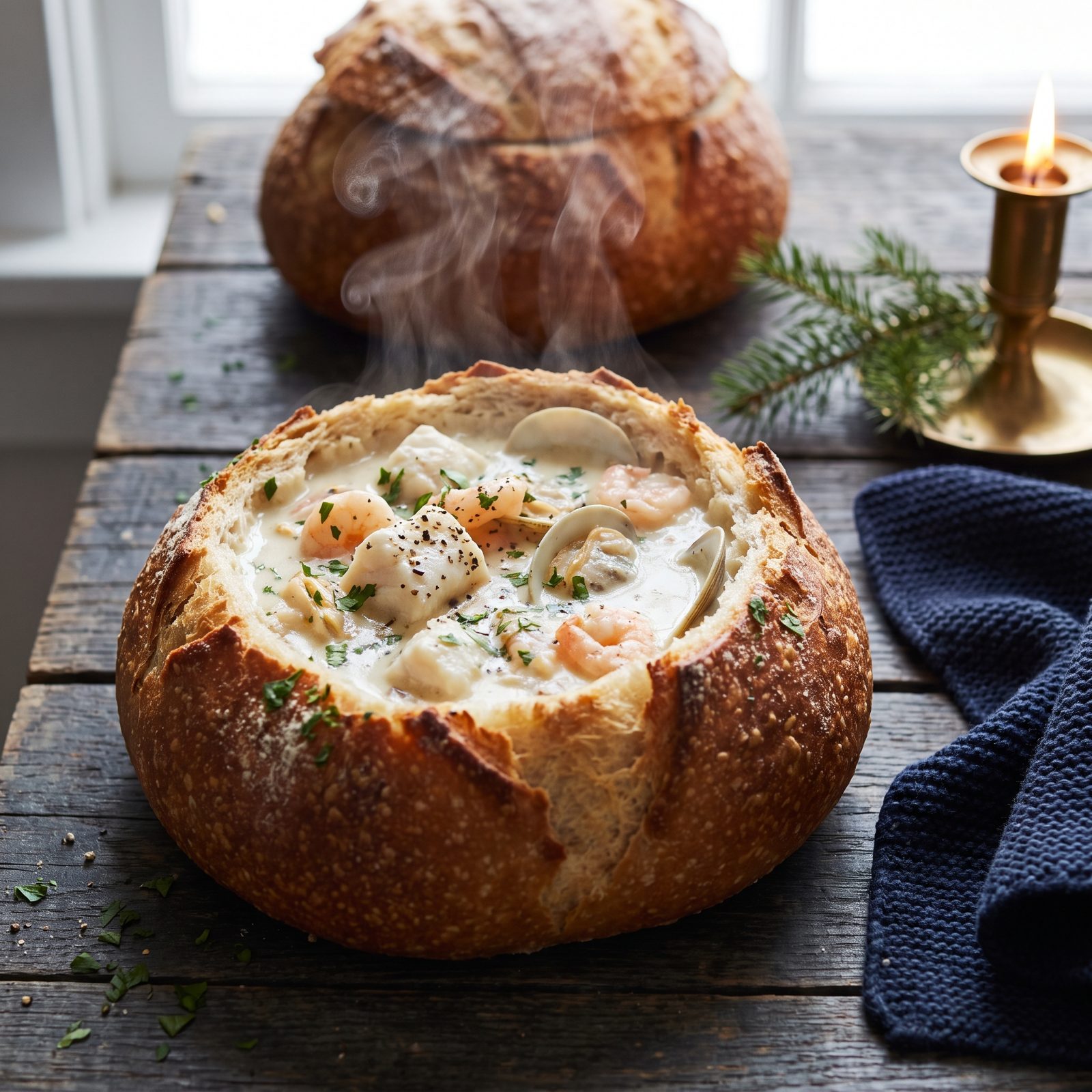 Creamy Seafood Chowder in Bread Bowls