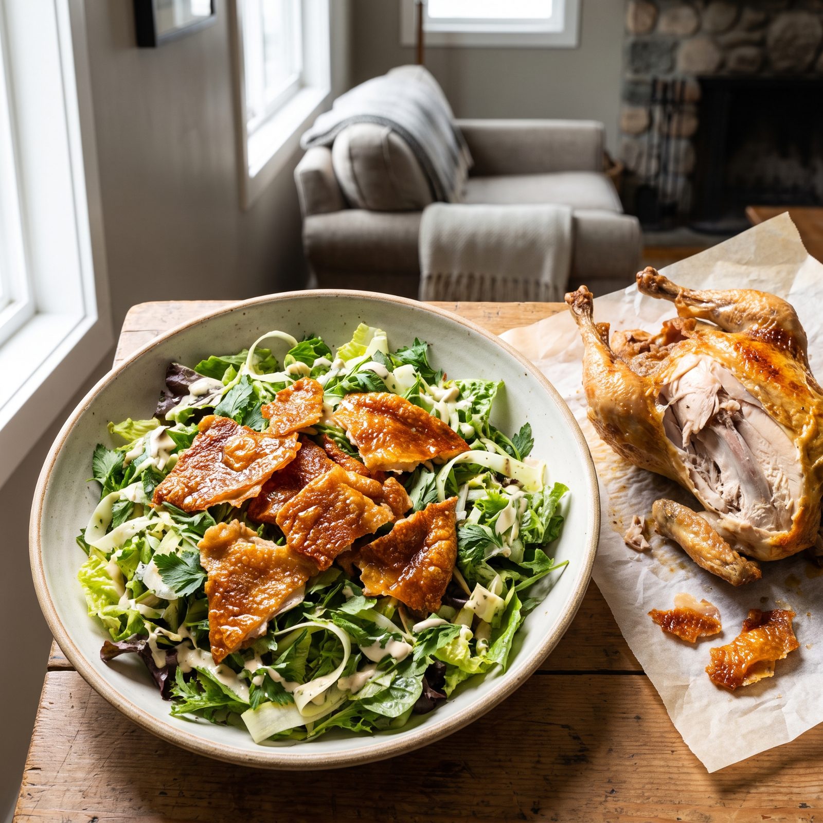 Crisp Roasted Chicken Skin Into Salad Cracklings