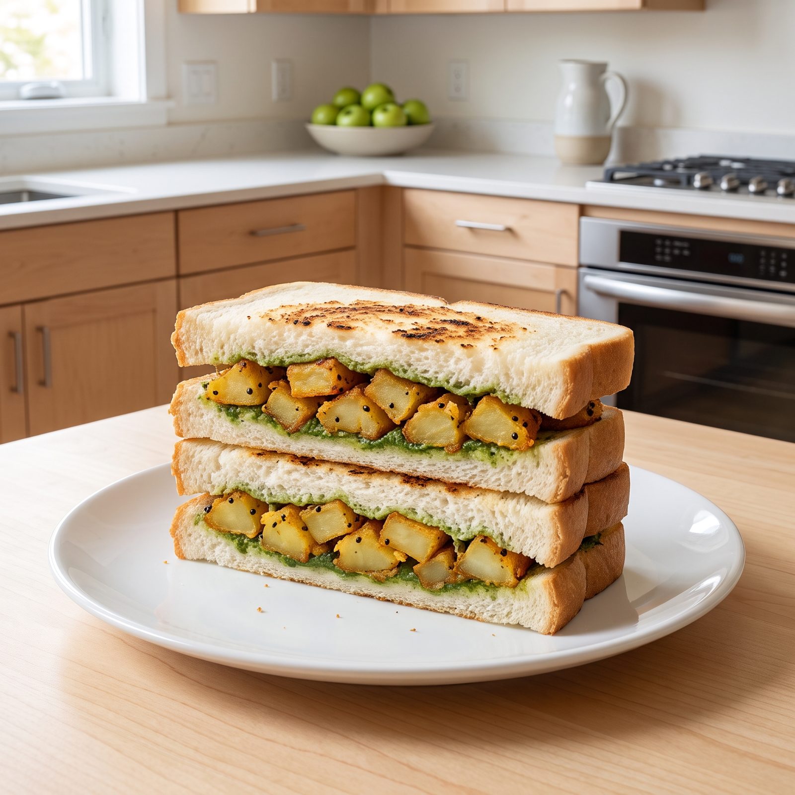 Crispy Potato and Mint Chutney on White Bread