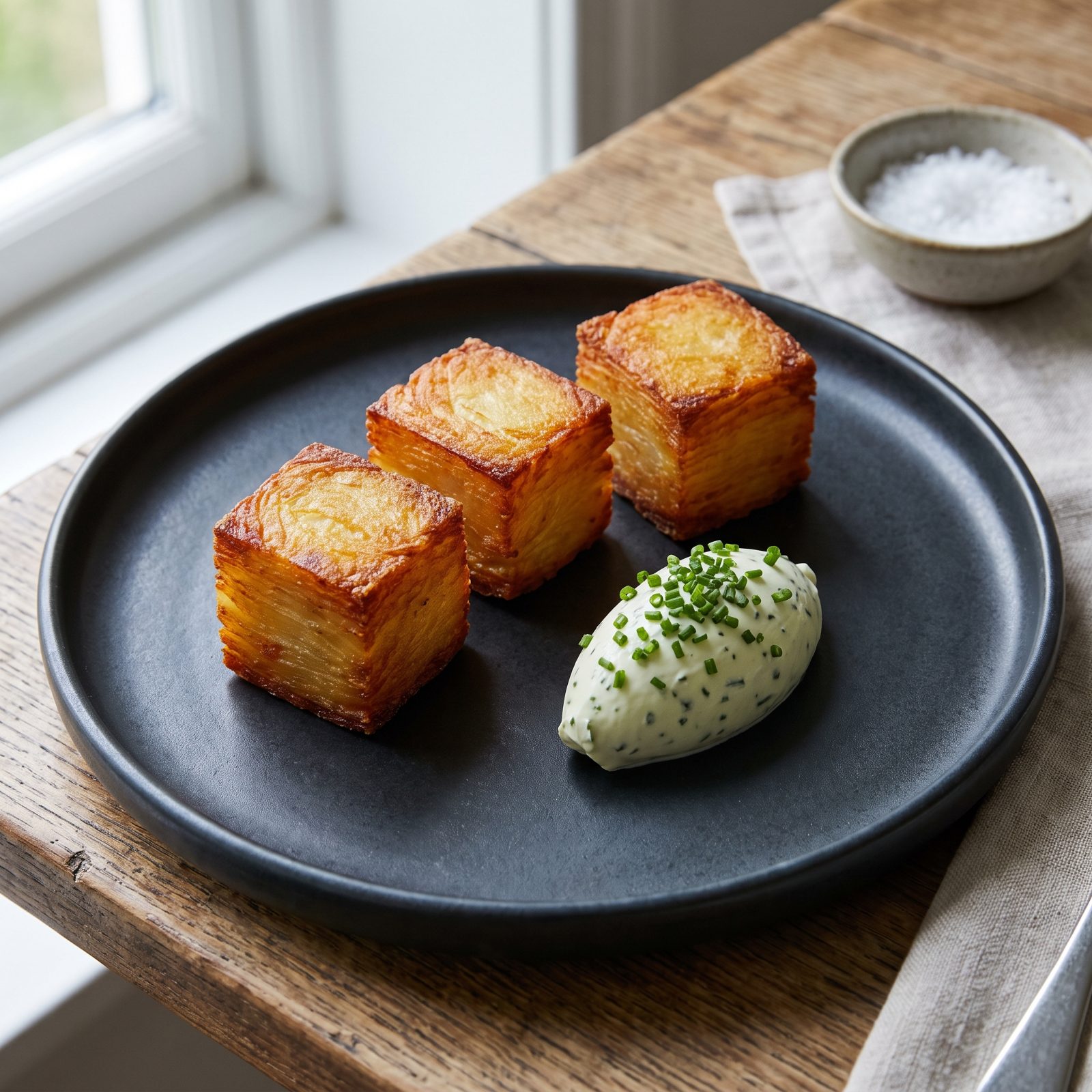 Crispy Potato Pavé Bites With Chive Crème Fraîche