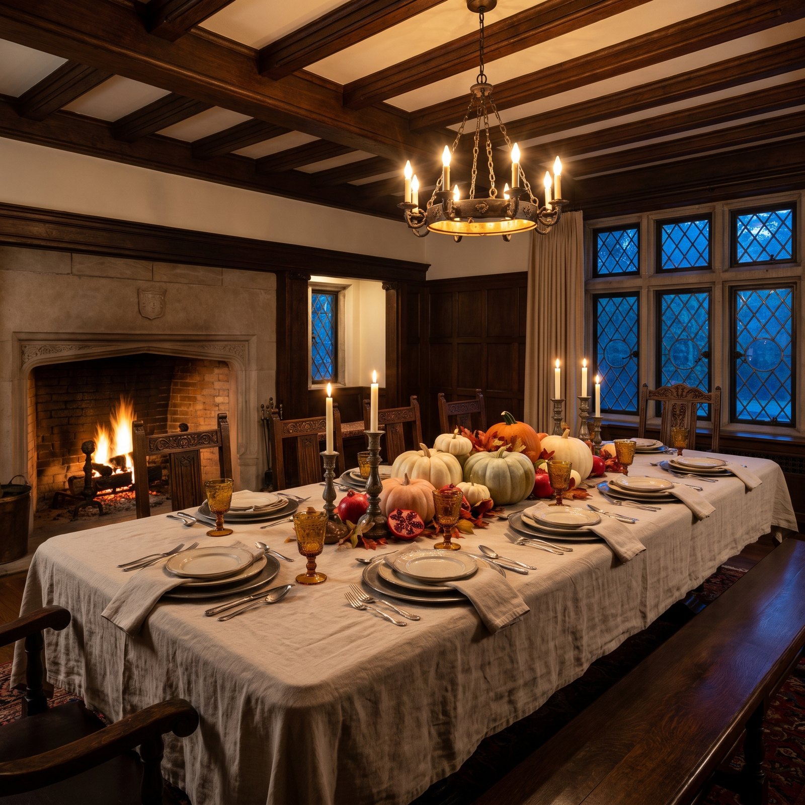 Dark Beams, Leaded Glass and a Pumpkin Feast Table