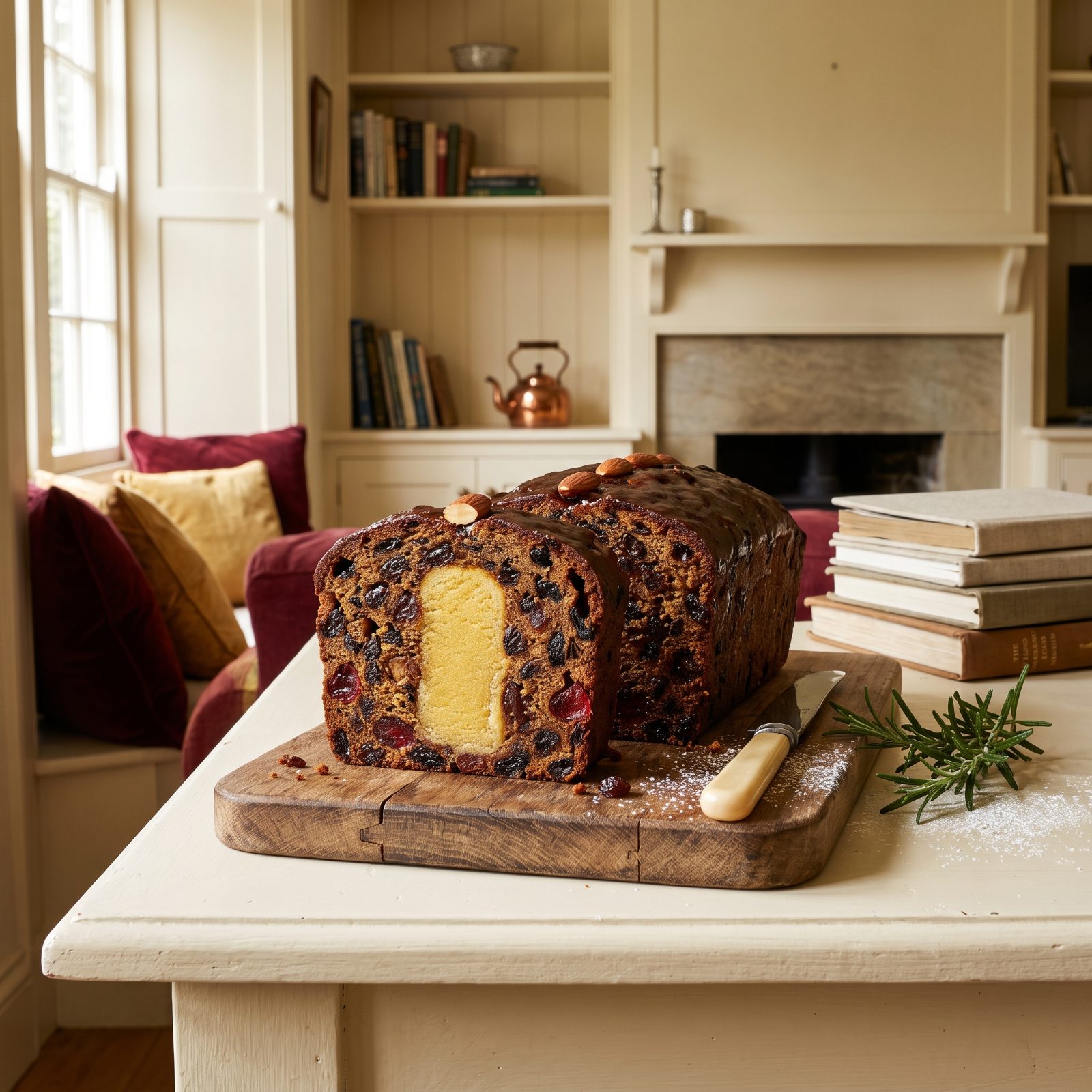 Dark Fruitcake With a Golden Marzipan Core Running Through It