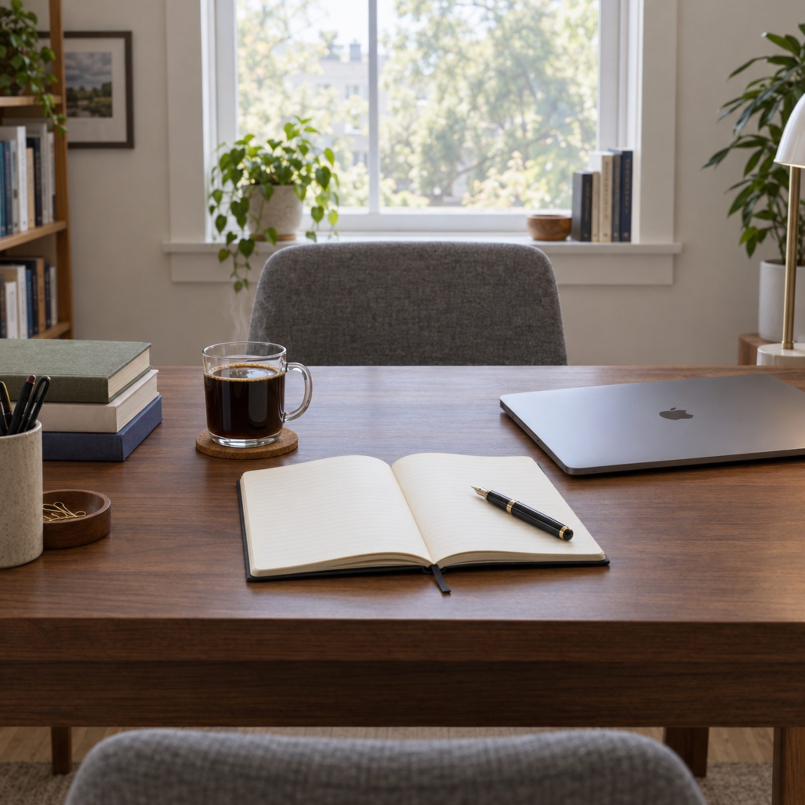 Desk with a clear glass mug of black coffee on a cork coaster beside an open notebook.