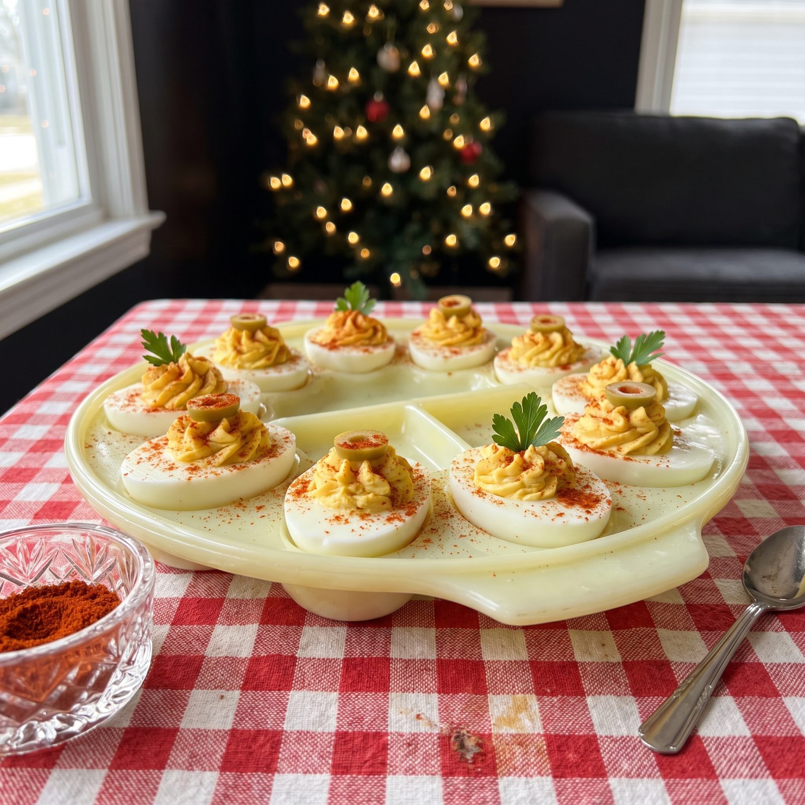 Deviled Eggs Dusted With Bright Red Paprika