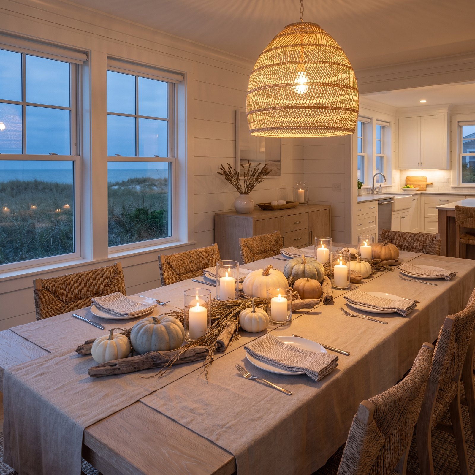 Driftwood, Sea Grass and Pale Pumpkins at a Beach House Thanksgiving