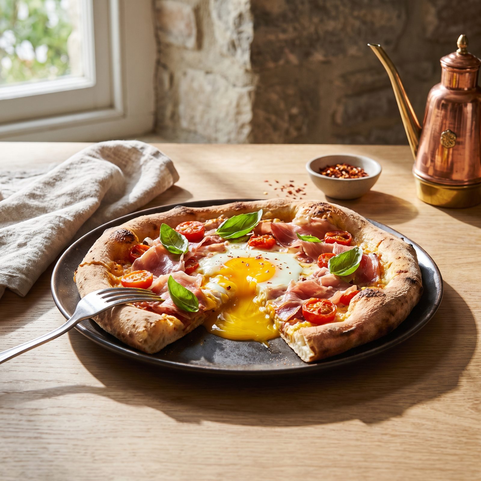 Egg Pizza With a Runny Center Yolk