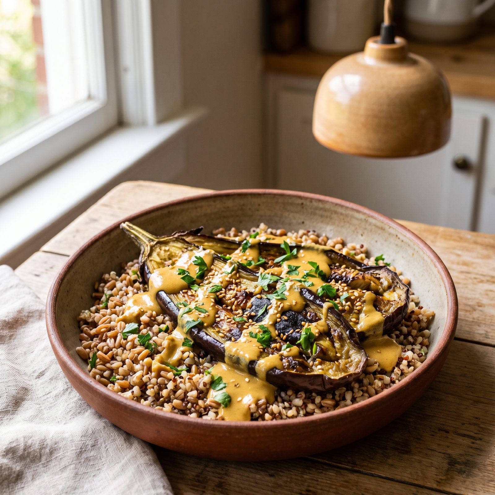 An Eggplant Becomes Smoky Tahini Grain Bowls