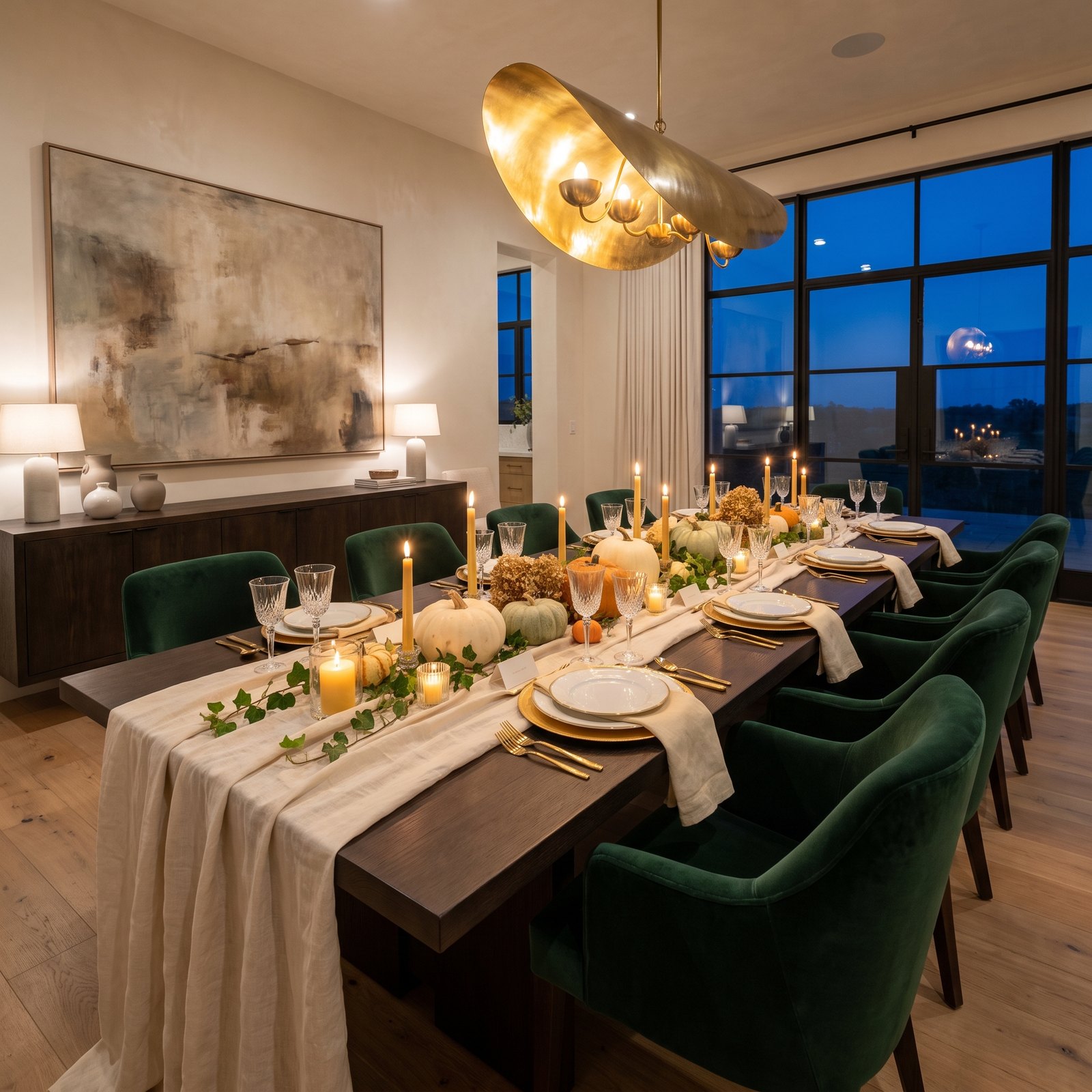 Emerald Velvet Chairs, Ivory Linen and Pale Pumpkins