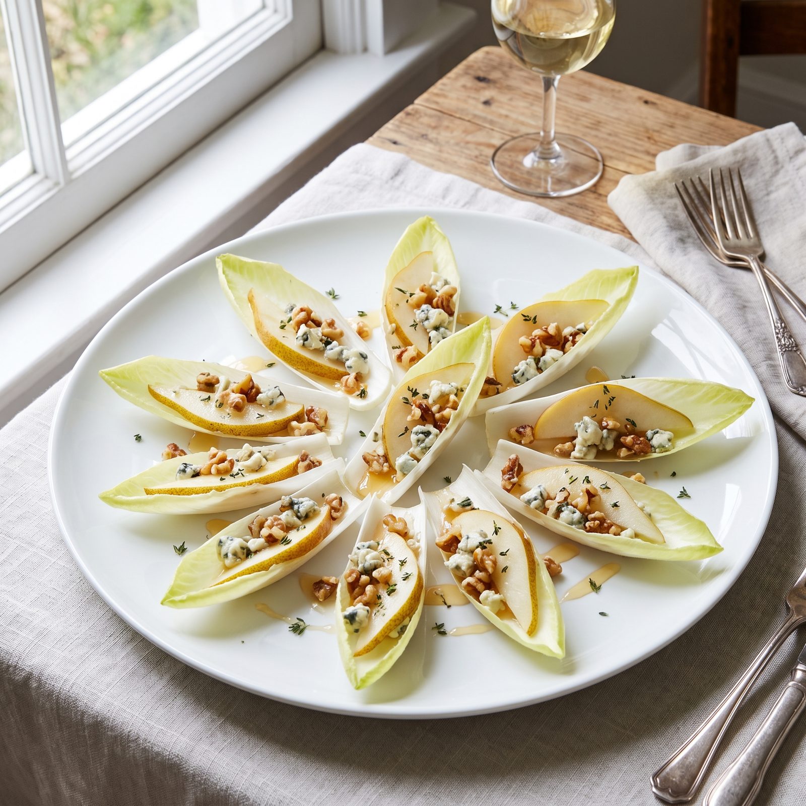 Endive Boats With Gorgonzola, Walnut, and Pear