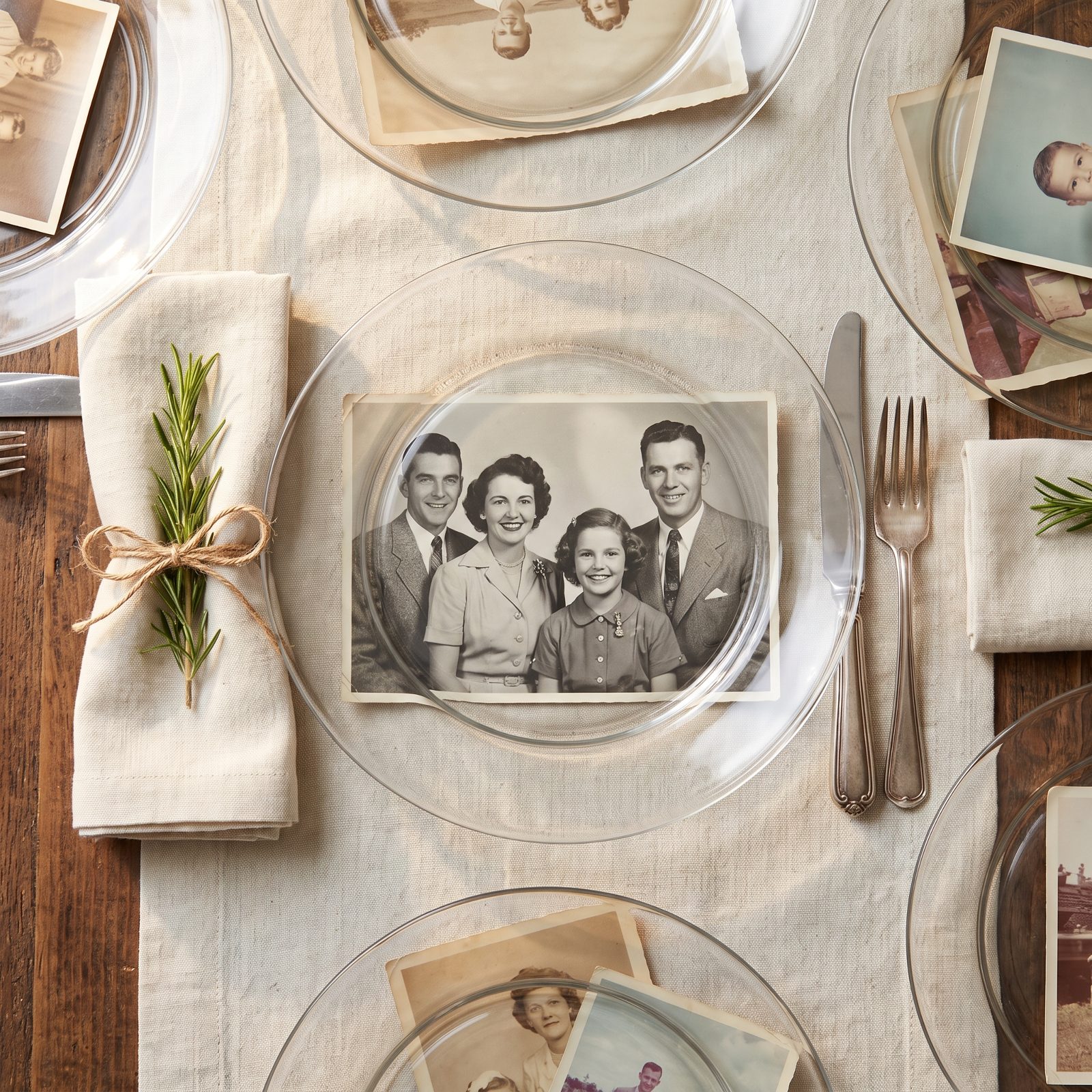 Family Photos Tucked Beneath Clear Glass Plates
