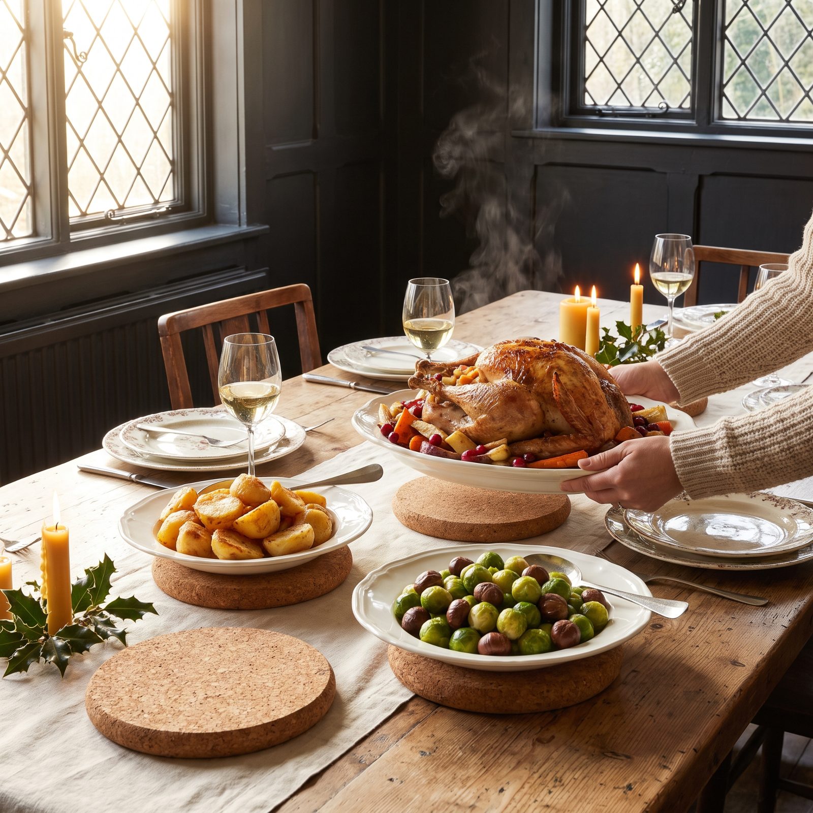 Family-Style Platters Landing on Cork Trivets