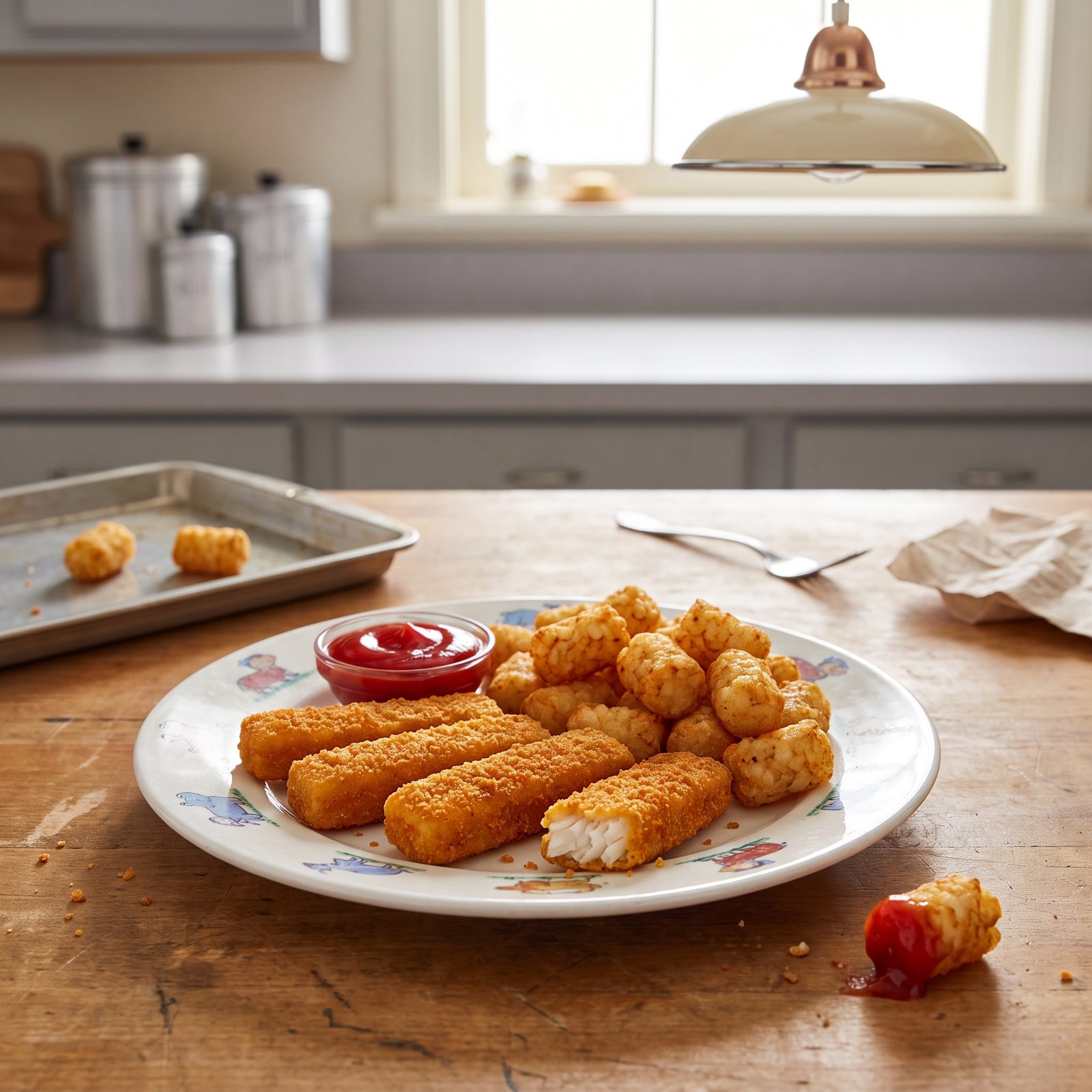 Fish Sticks With Tater Tots and Ketchup