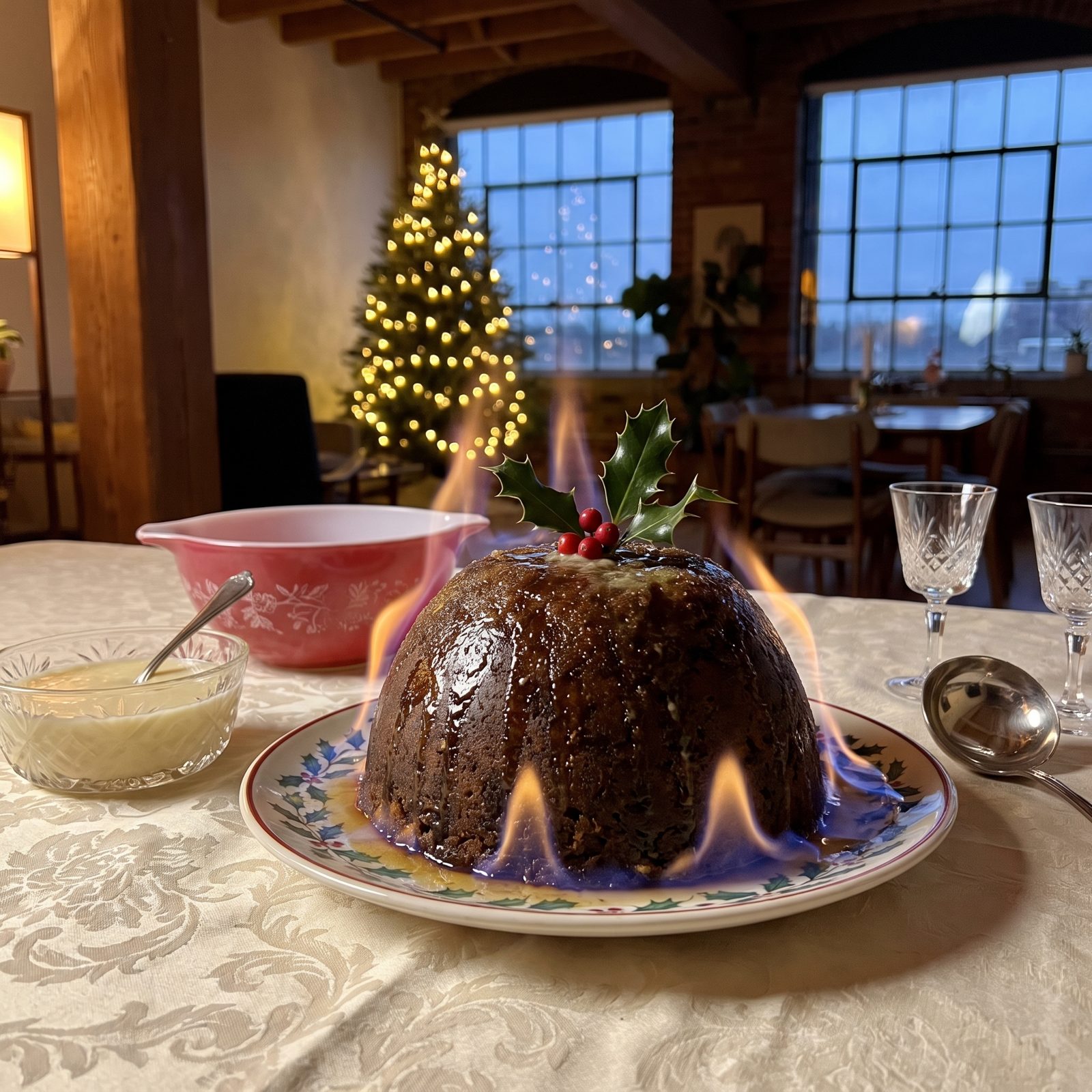 A Flaming Christmas Pudding With Hard Sauce