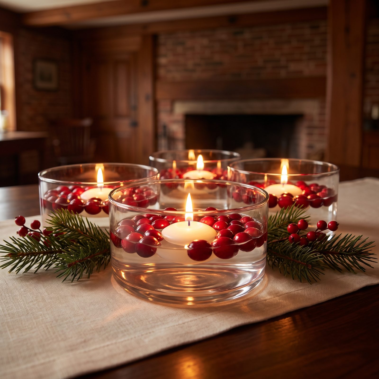 Floating Cranberry Candles in Low Glass Bowls