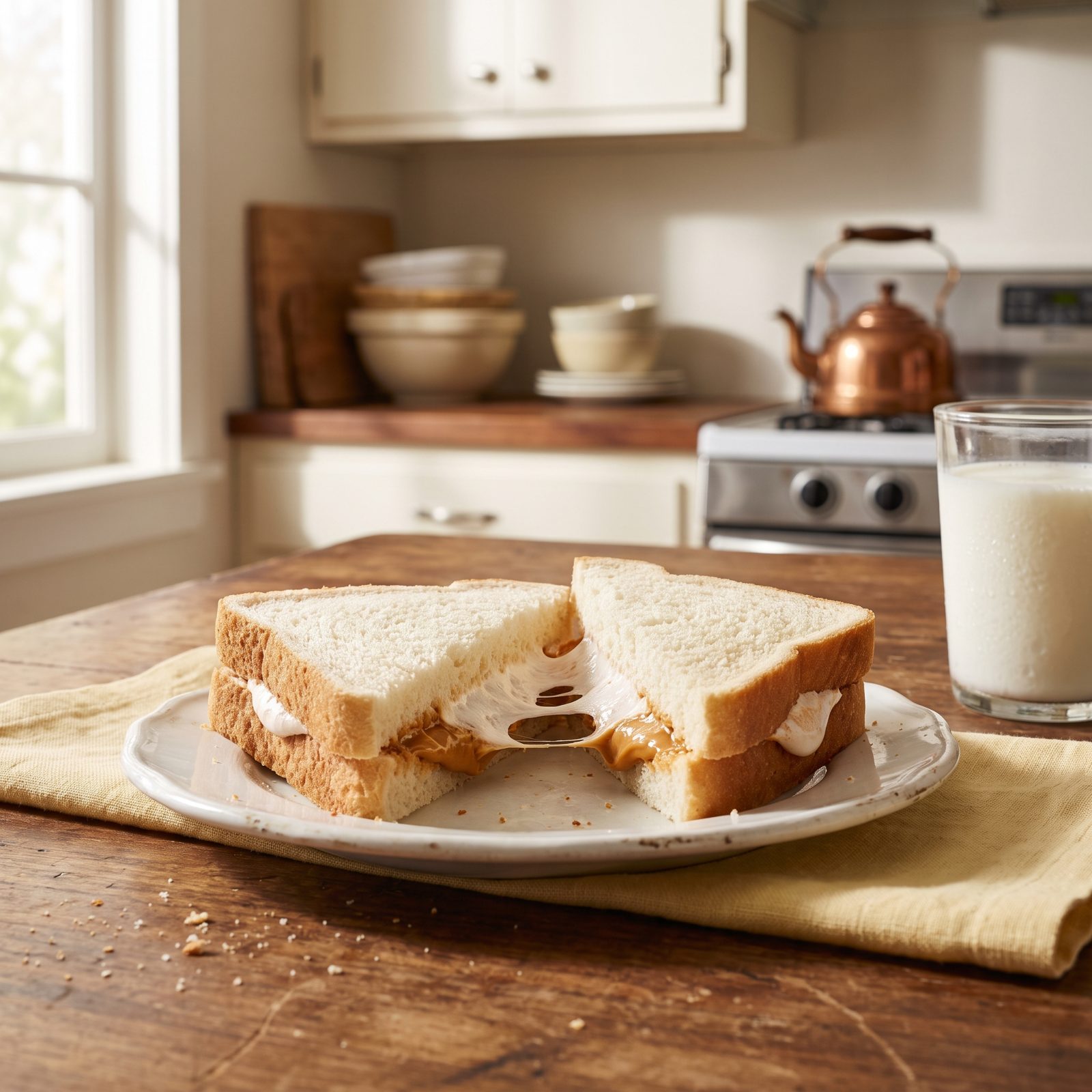 Fluffernutter Sandwiches: Peanut Butter and Marshmallow Fluff on White