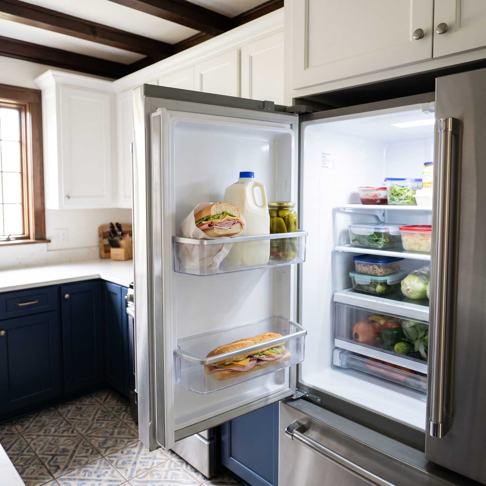 Open refrigerator shelf with a wrapped sub cut in half, one half saved and folded closed beside a milk carton.