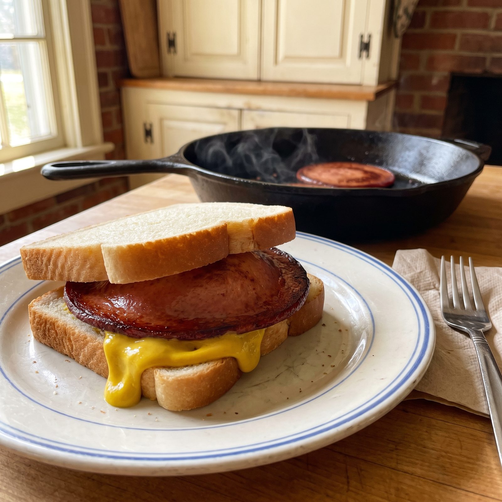 Fried Bologna Sandwich With Yellow Mustard