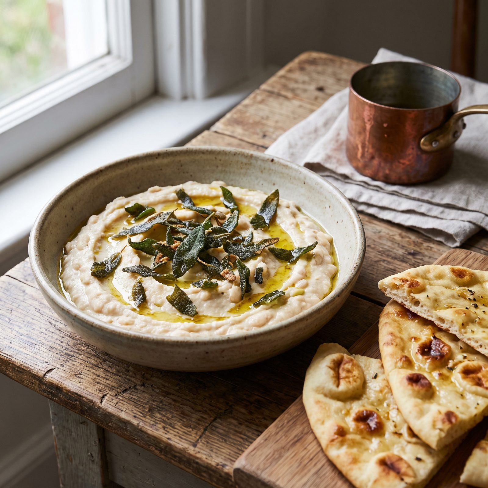 Fried Sage and White Bean Dip With Garlic Flatbread