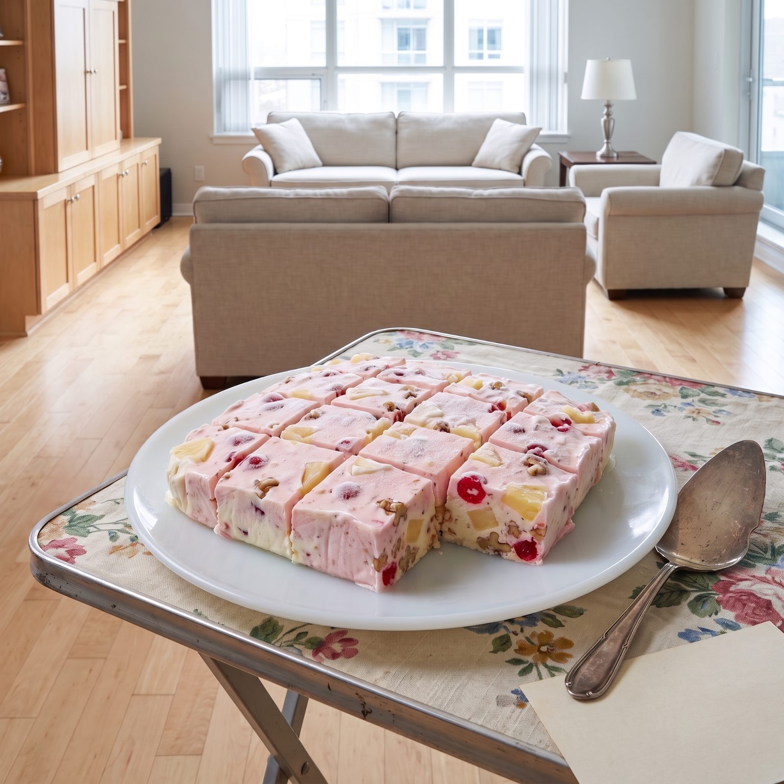 Frozen Fruit Salad Sliced Into Frosty Squares