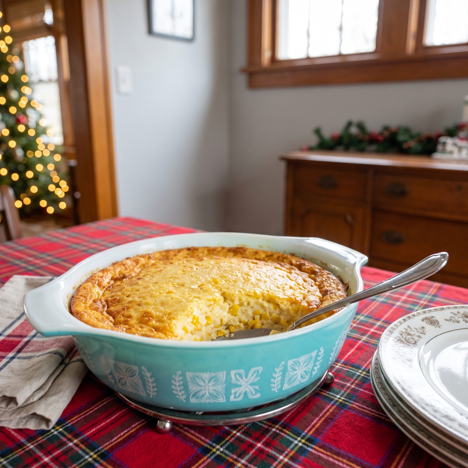 Golden Corn Pudding Scooped From a Pyrex Dish