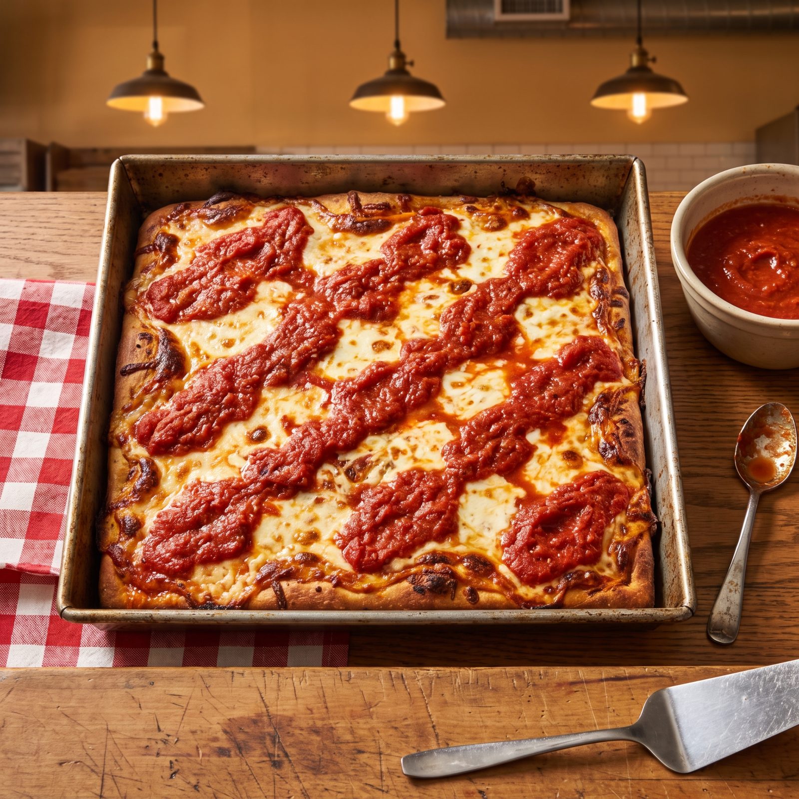Grandma Pizza With Sauce Spooned Over the Cheese