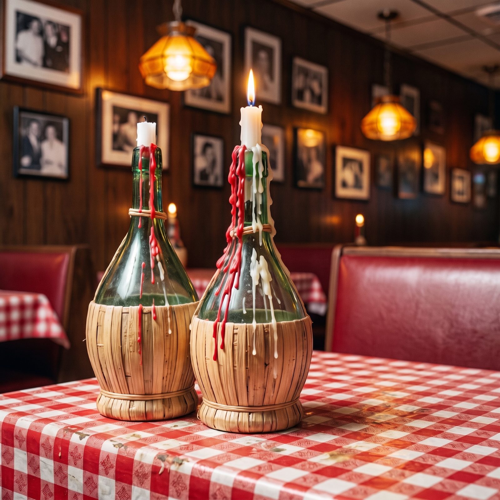 Green Glass Chianti Bottles Doing Duty as Candleholders