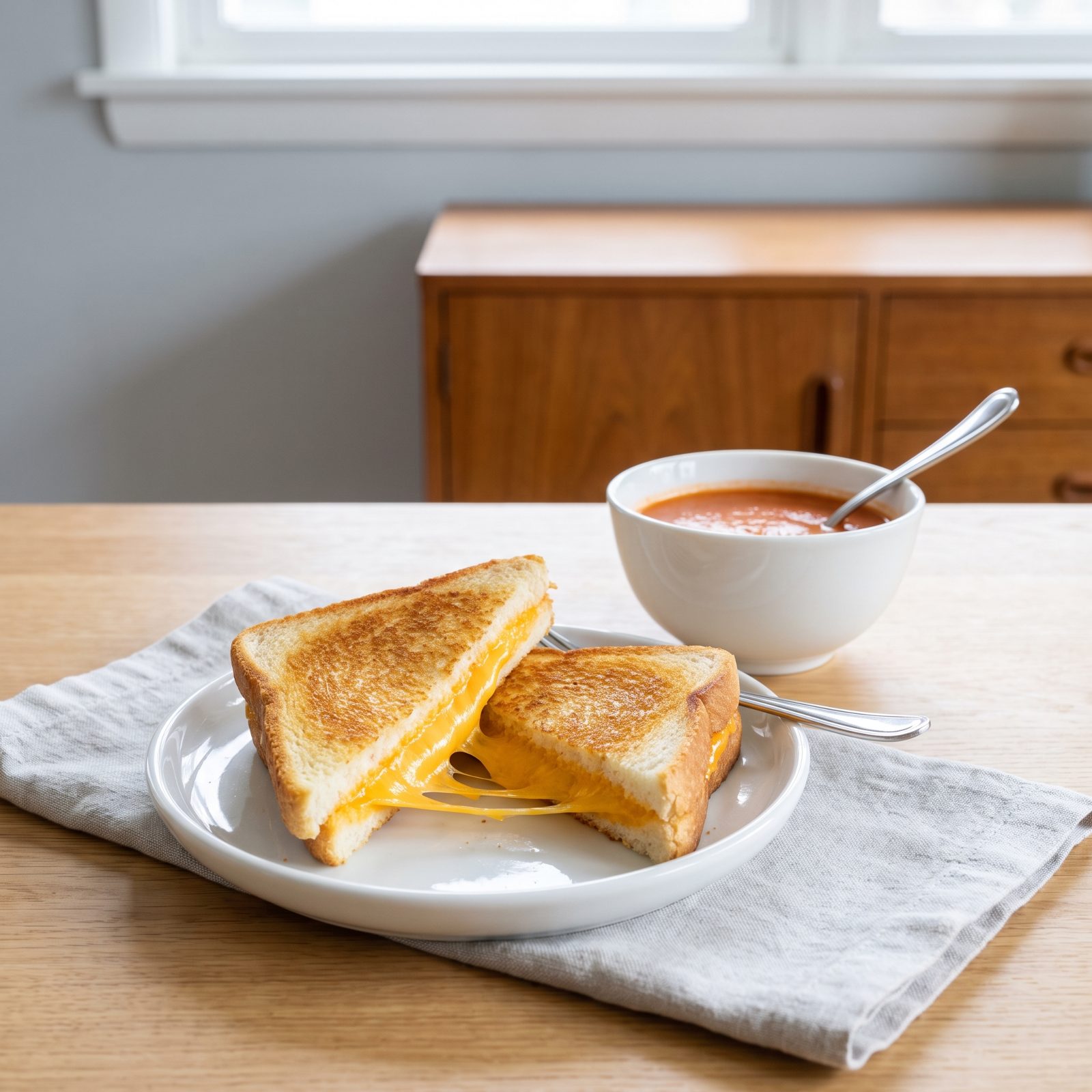 Grilled cheese cut into triangles with a cheese pull, beside a small bowl of tomato soup on a wood table.