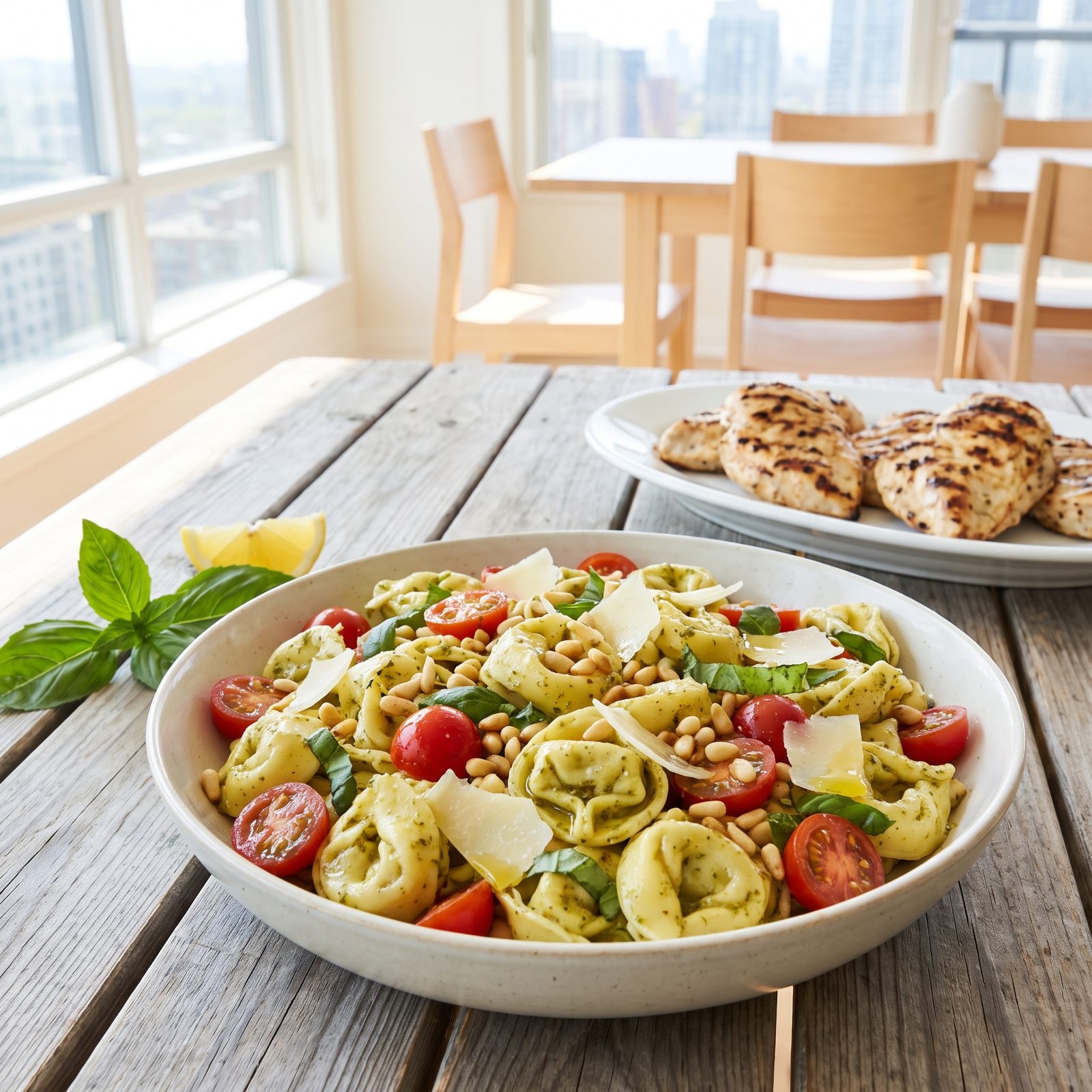 Grilled Chicken Upstaged by Pesto Tortellini Salad