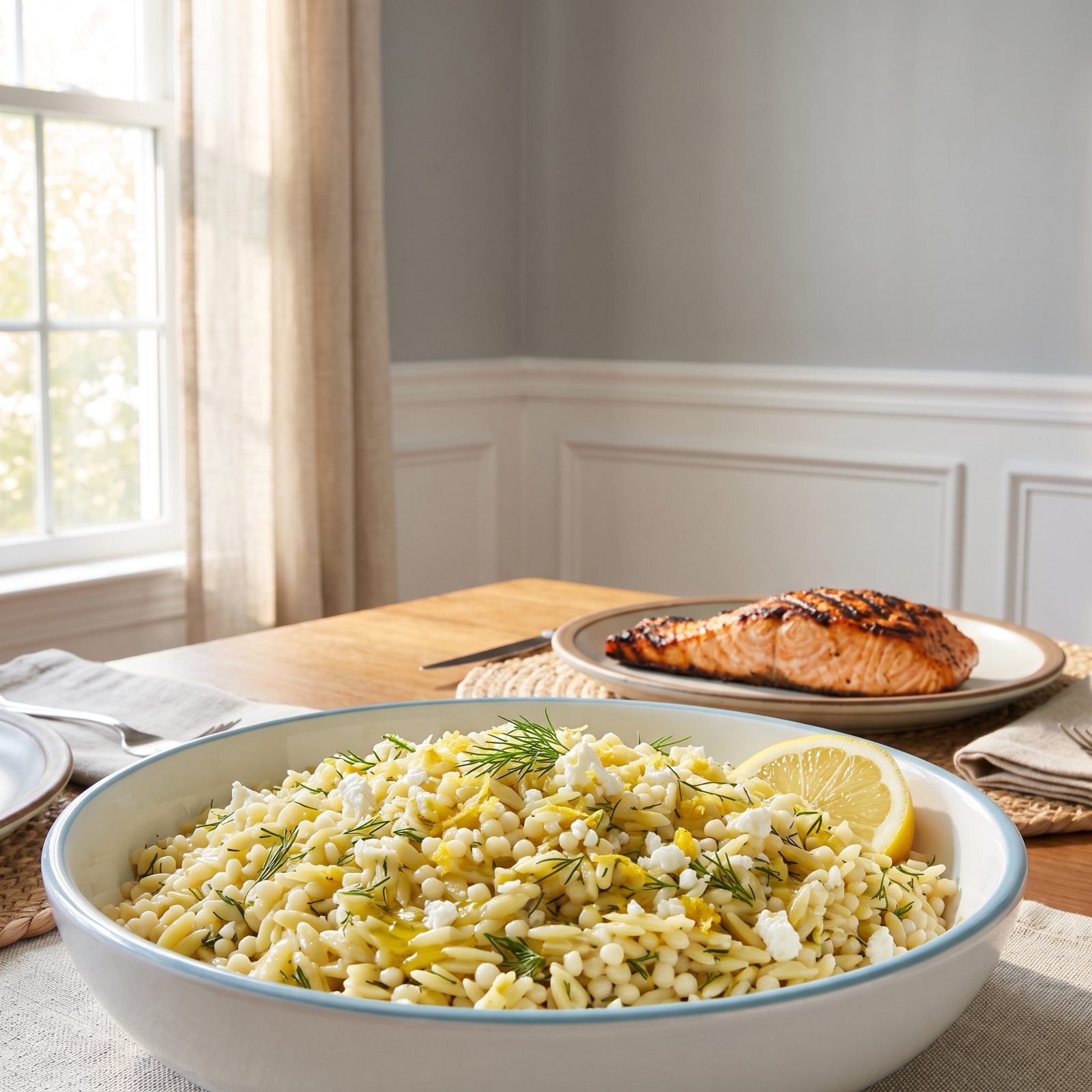 Grilled Salmon Upstaged by Lemon-Dill Orzo